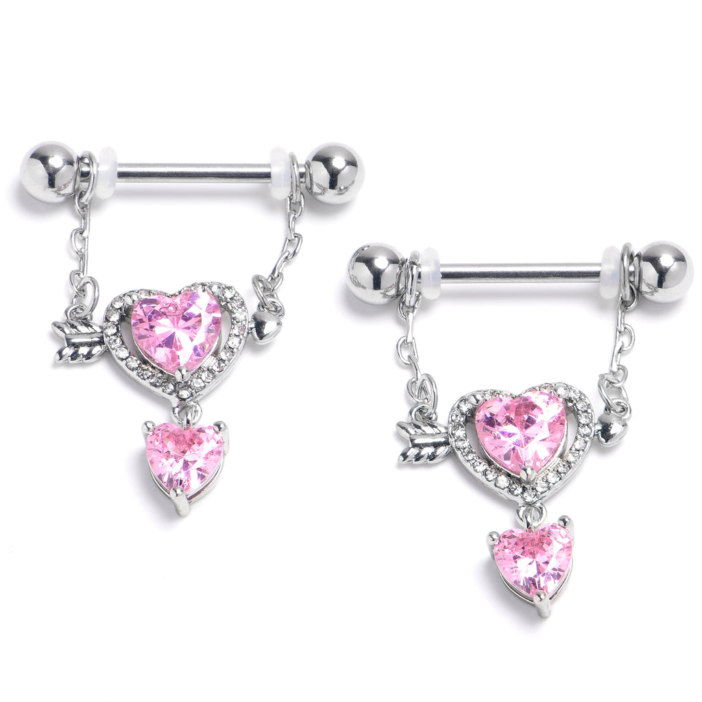 BodyCandy 14G 9/16 Pink CZ Gem Fusion Of Love Arrow Heart Dangle Nipple Ring Set — main product shot