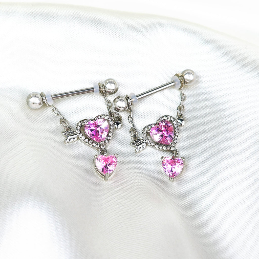 BodyCandy 14G 9/16 Pink CZ Gem Fusion Of Love Arrow Heart Dangle Nipple Ring Set — detail close-up