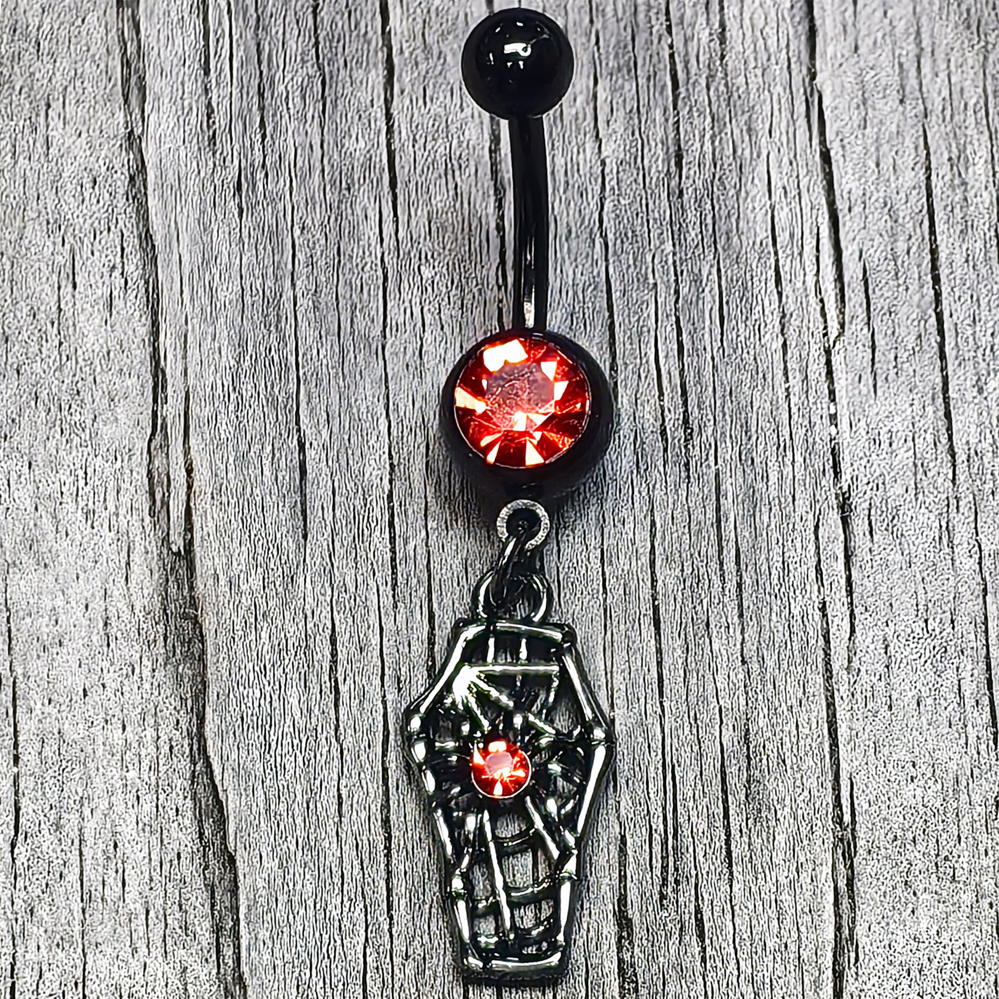 BodyCandy Red Gem Black Spider Coffin Dangle Belly Ring — main product shot