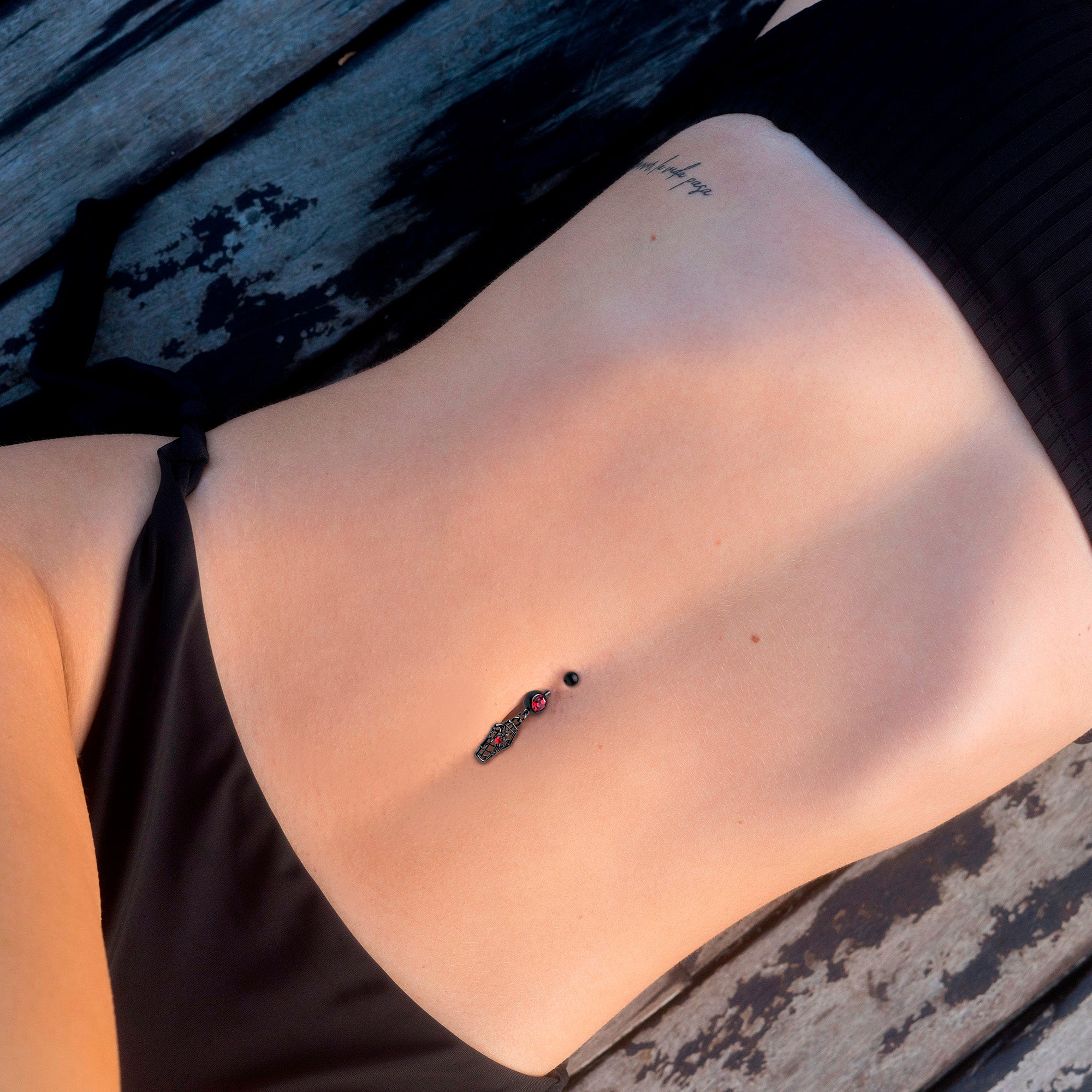 Red Gem Black Spider Coffin Dangle Belly Ring