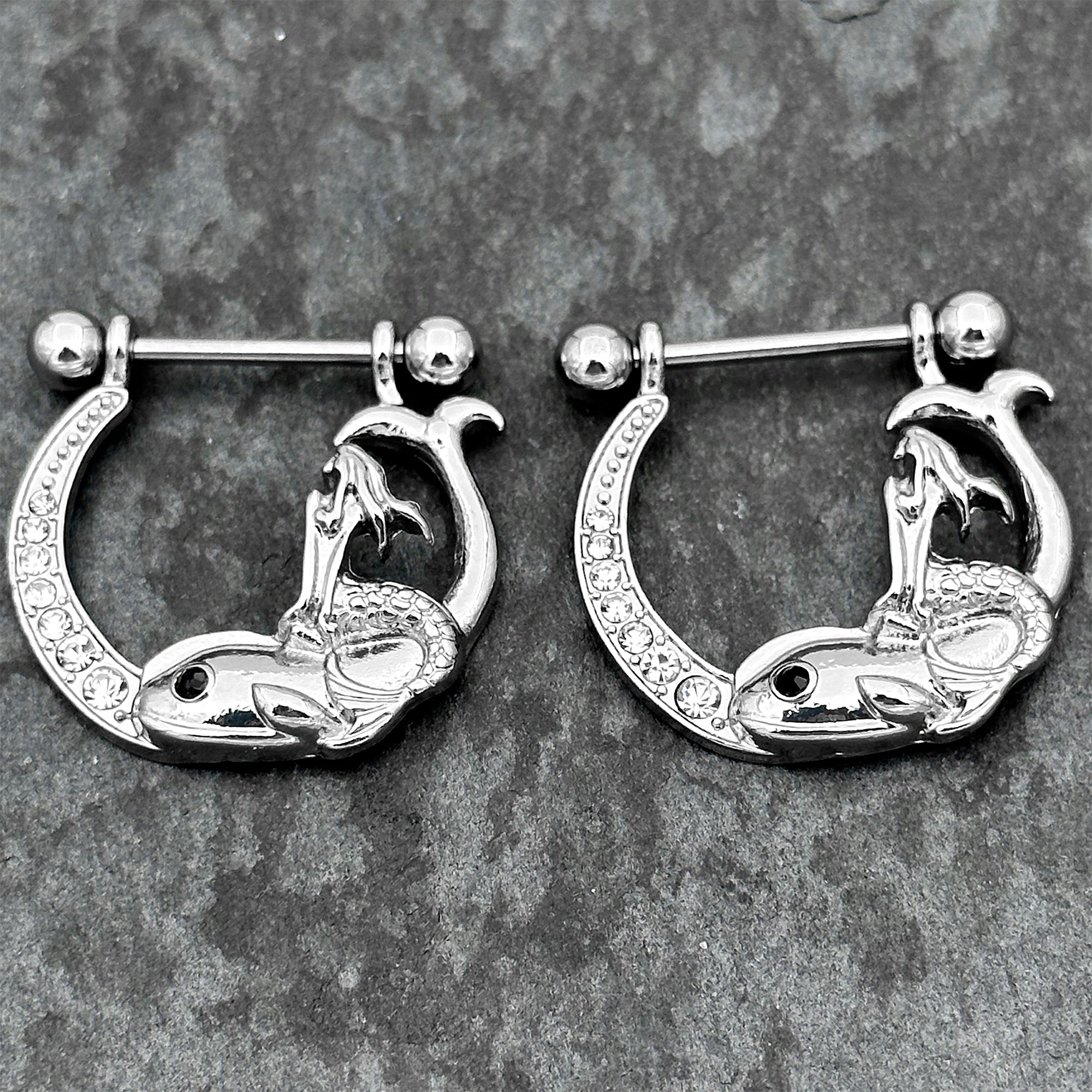 BodyCandy 14G 9/16 Clear Black Gem Riding Mermaid Dangle Nipple Ring Set — main product shot