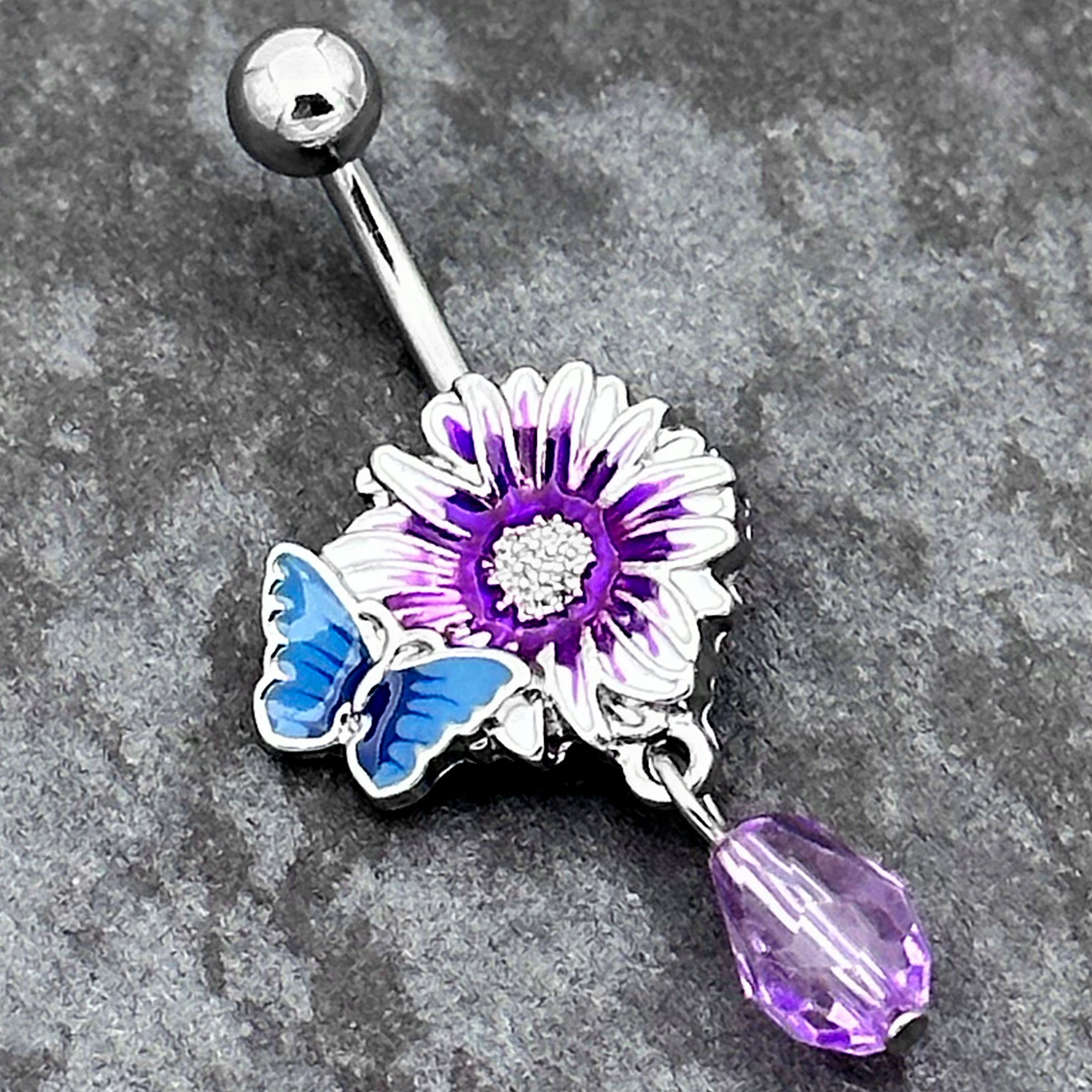 BodyCandy Purple Gem Passion Flower Butterfly Dangle Belly Ring — side view