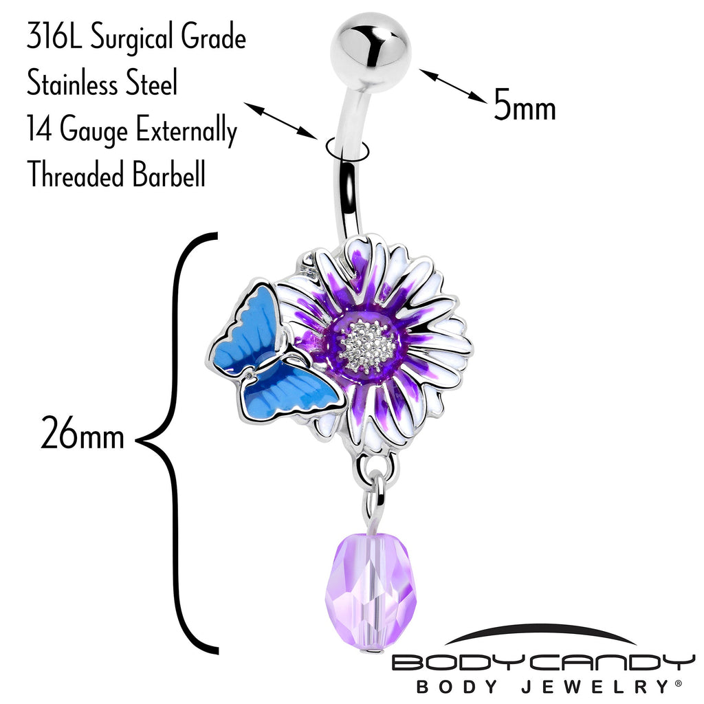 BodyCandy Purple Gem Passion Flower Butterfly Dangle Belly Ring — detail close-up