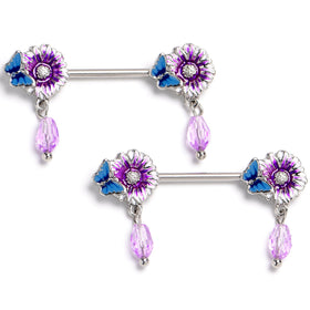 14G Purplish Passion Flower Butterfly Dangle Nipple Ring Set