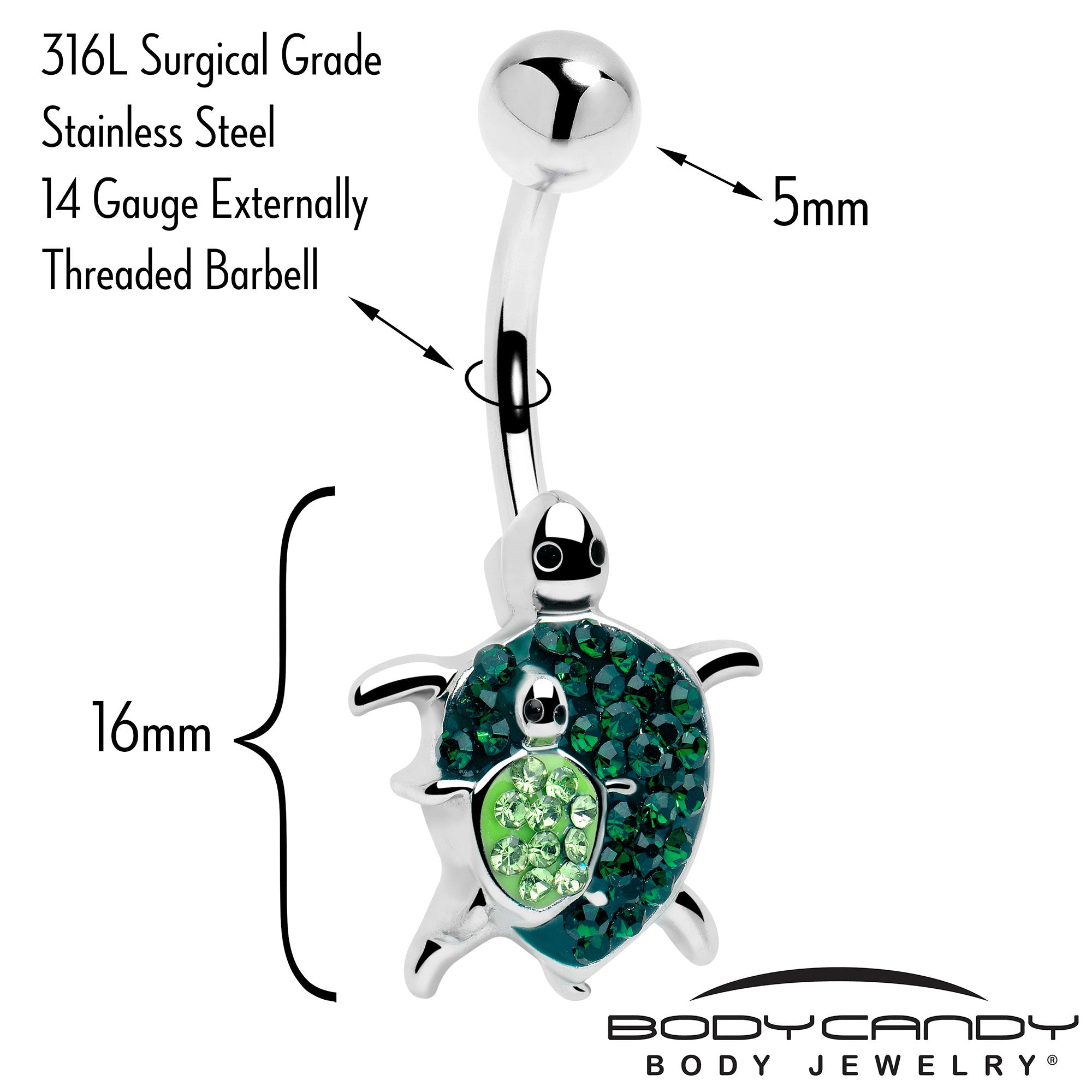 BodyCandy Green Gem Turtle World Belly Ring — detail close-up