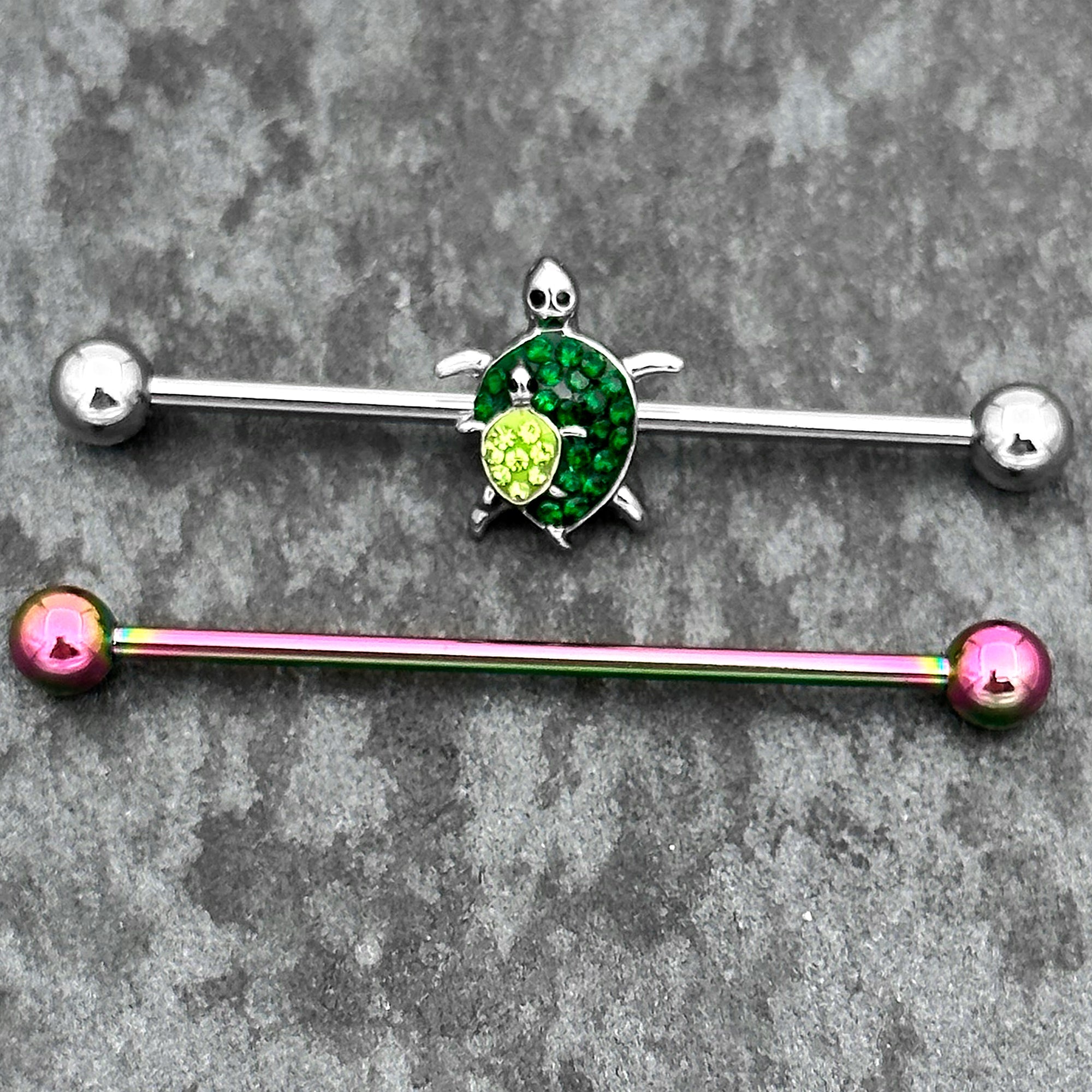 BodyCandy 14G Green Gem Rainbow Turtle World Industrial Barbell 38mm Set of 2 — main product shot