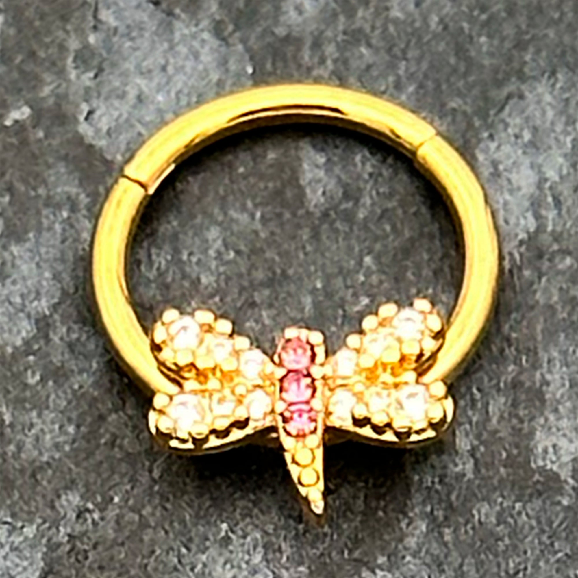 BodyCandy 16G 3/8 Pink Gem Gold Tone Dragonfly Drama Hinged Segment Ring — main product shot