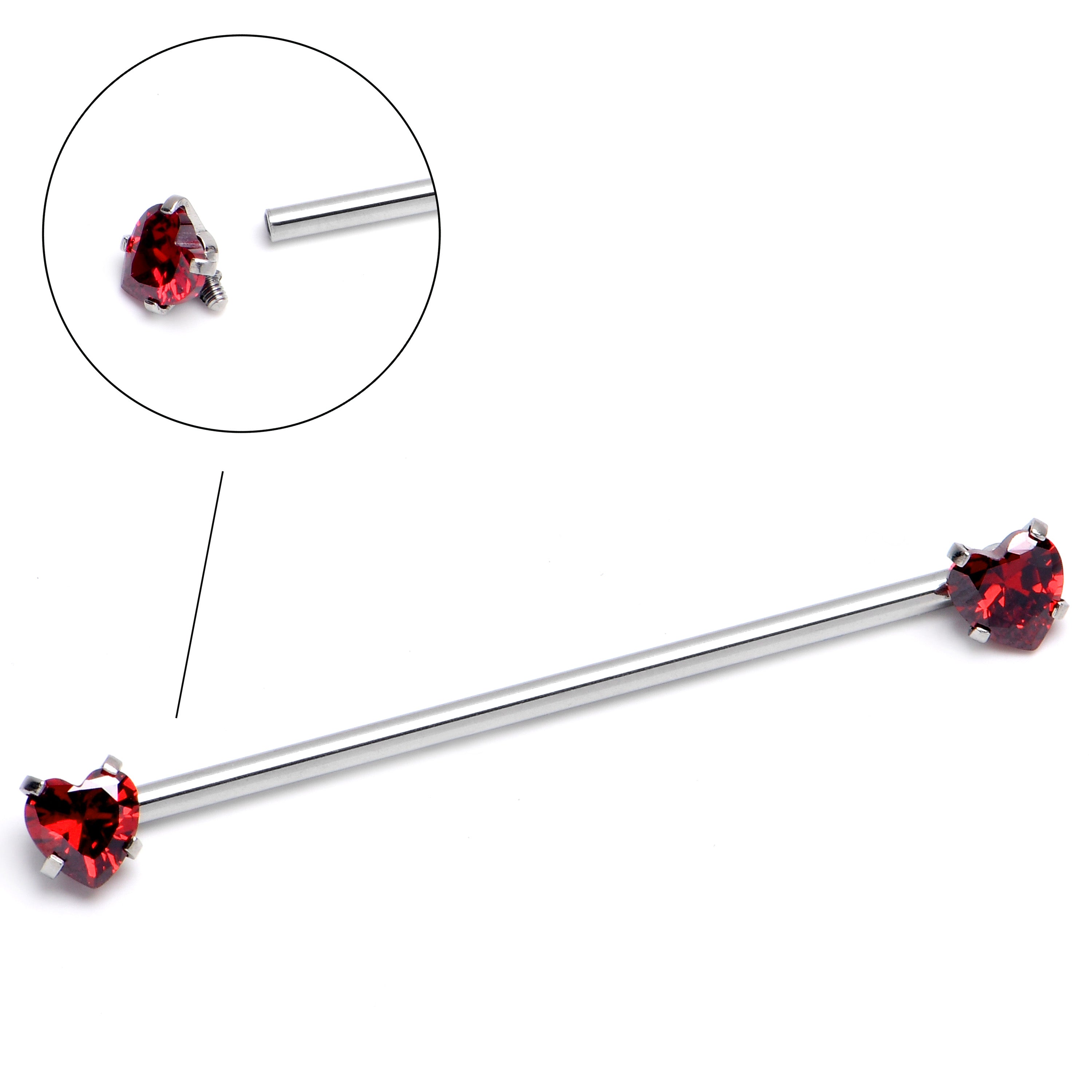 BodyCandy 14G Red CZ Gem Heart Internally Threaded Industrial Barbell 38mm — main product shot