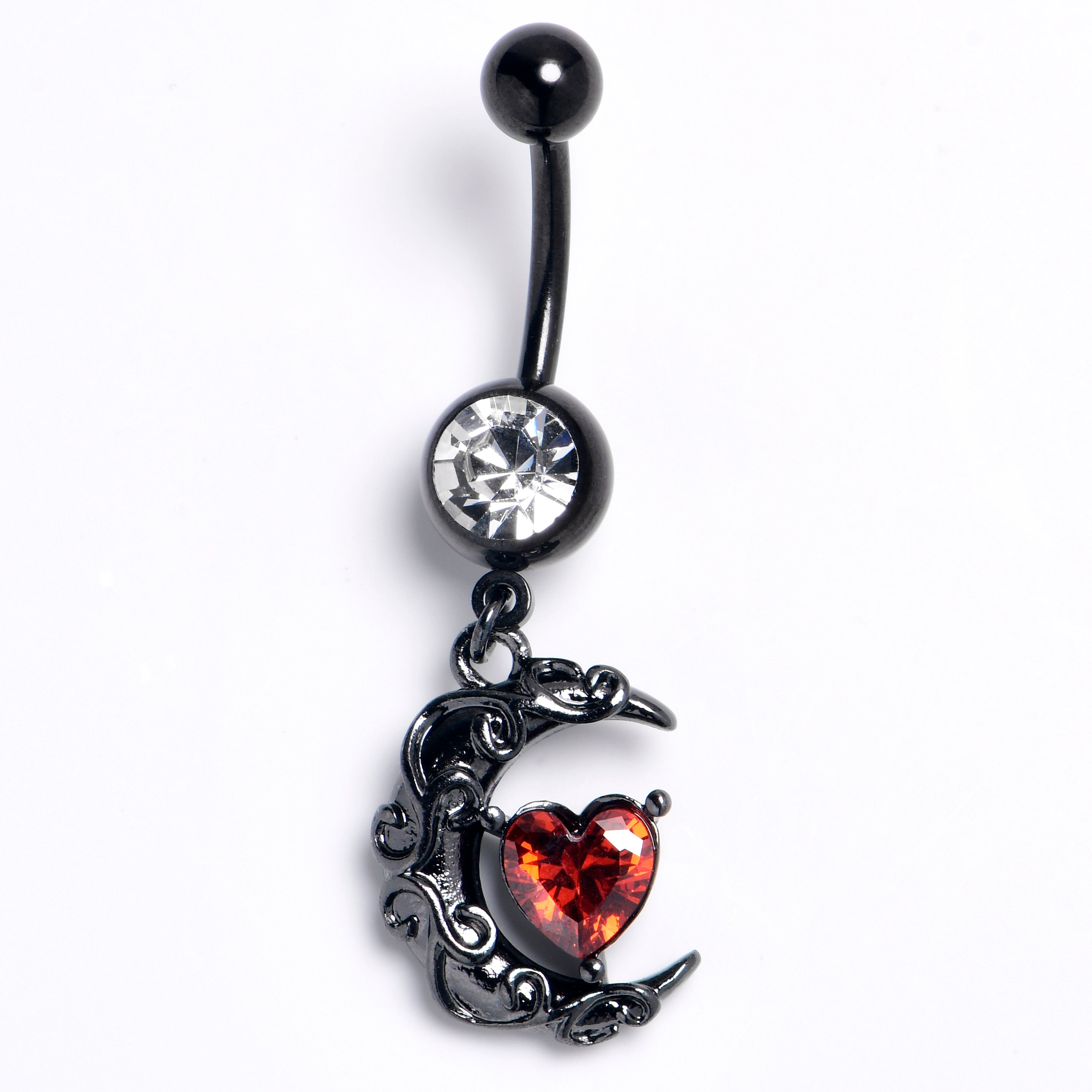 BodyCandy Clear Red Gem Black Heart Scroll Moon Dangle Belly Ring — main product shot