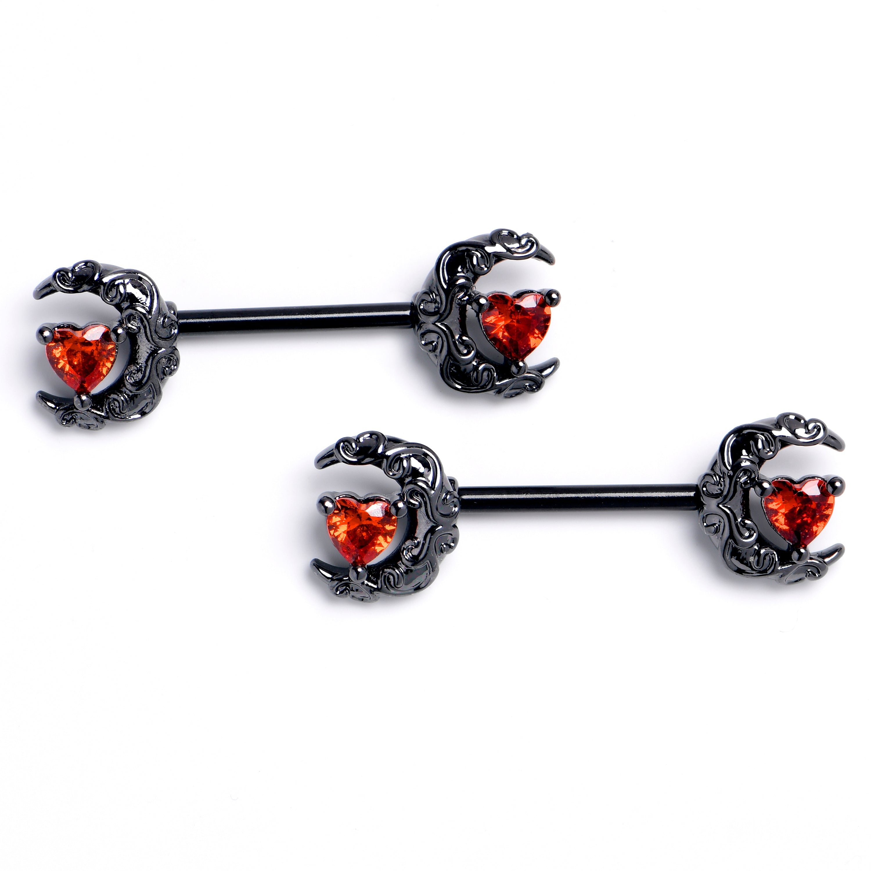 BodyCandy 14G 9/16 Red Gem Black Heart Scroll Moon Barbell Nipple Ring Set — main product shot