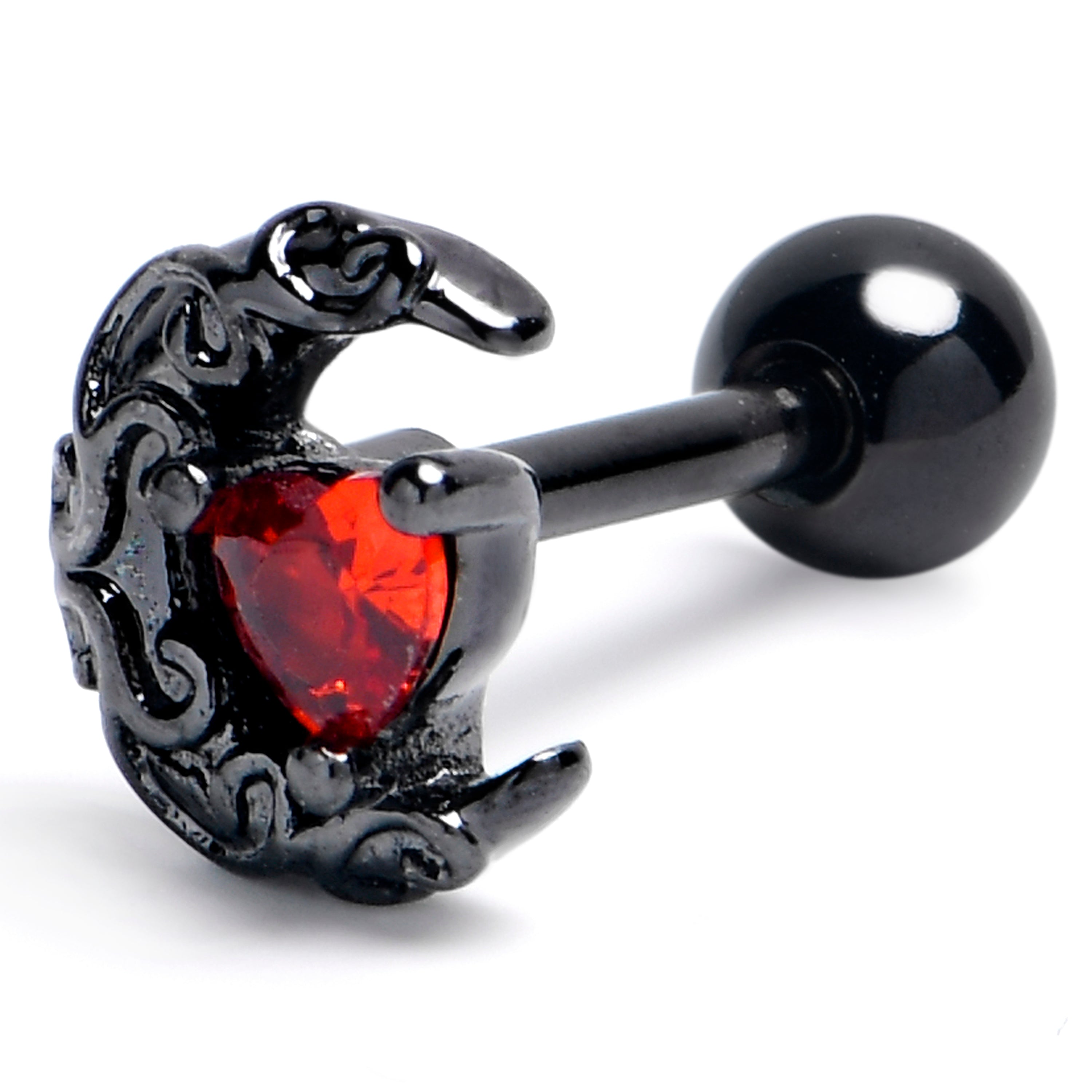 BodyCandy 16G 1/4 Red Gem Black Heart Scroll Moon Cartilage Tragus Earring — main product shot