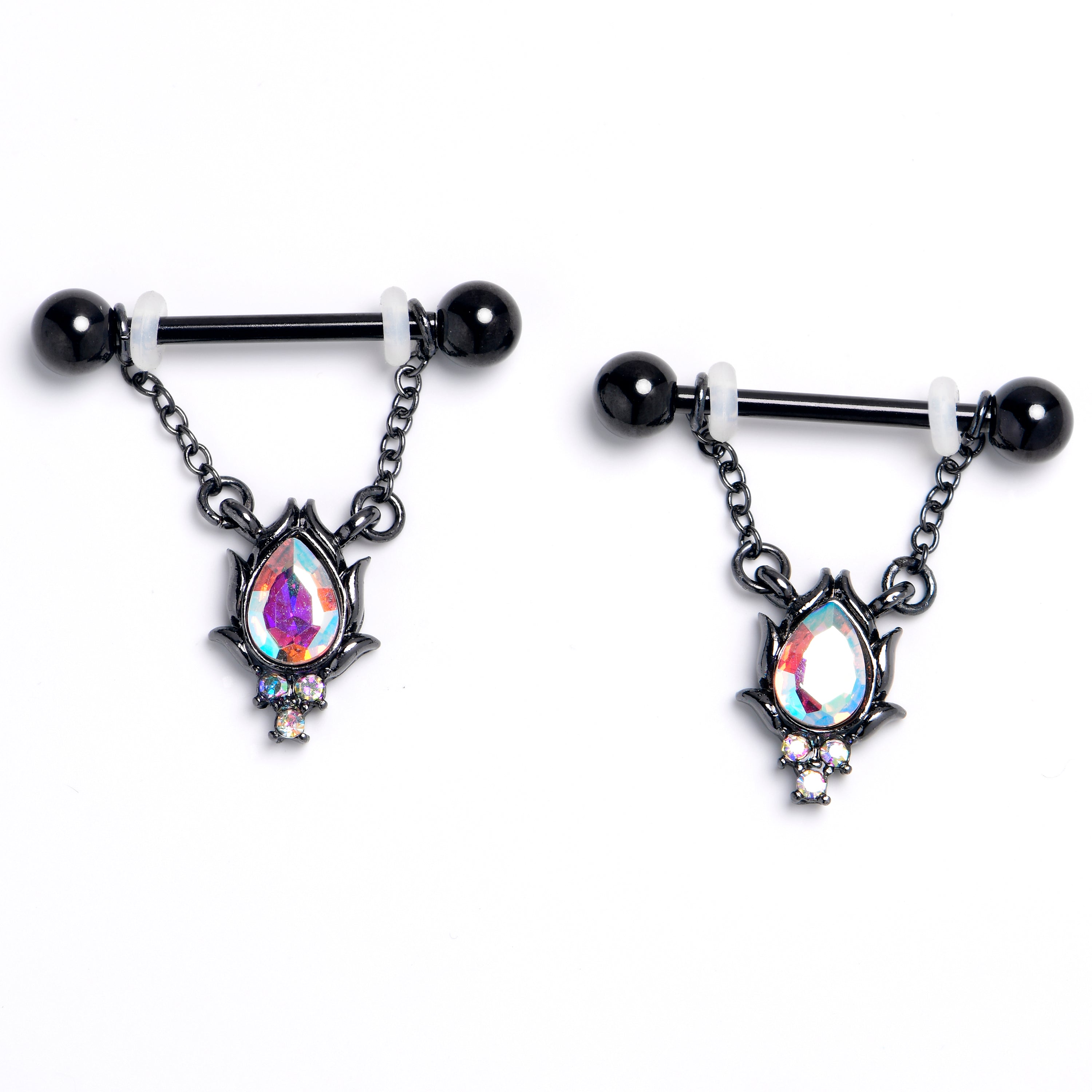 BodyCandy 14G 9/16 Aurora CZ Gem Black Dream Drop Dangle Nipple Ring Set — main product shot