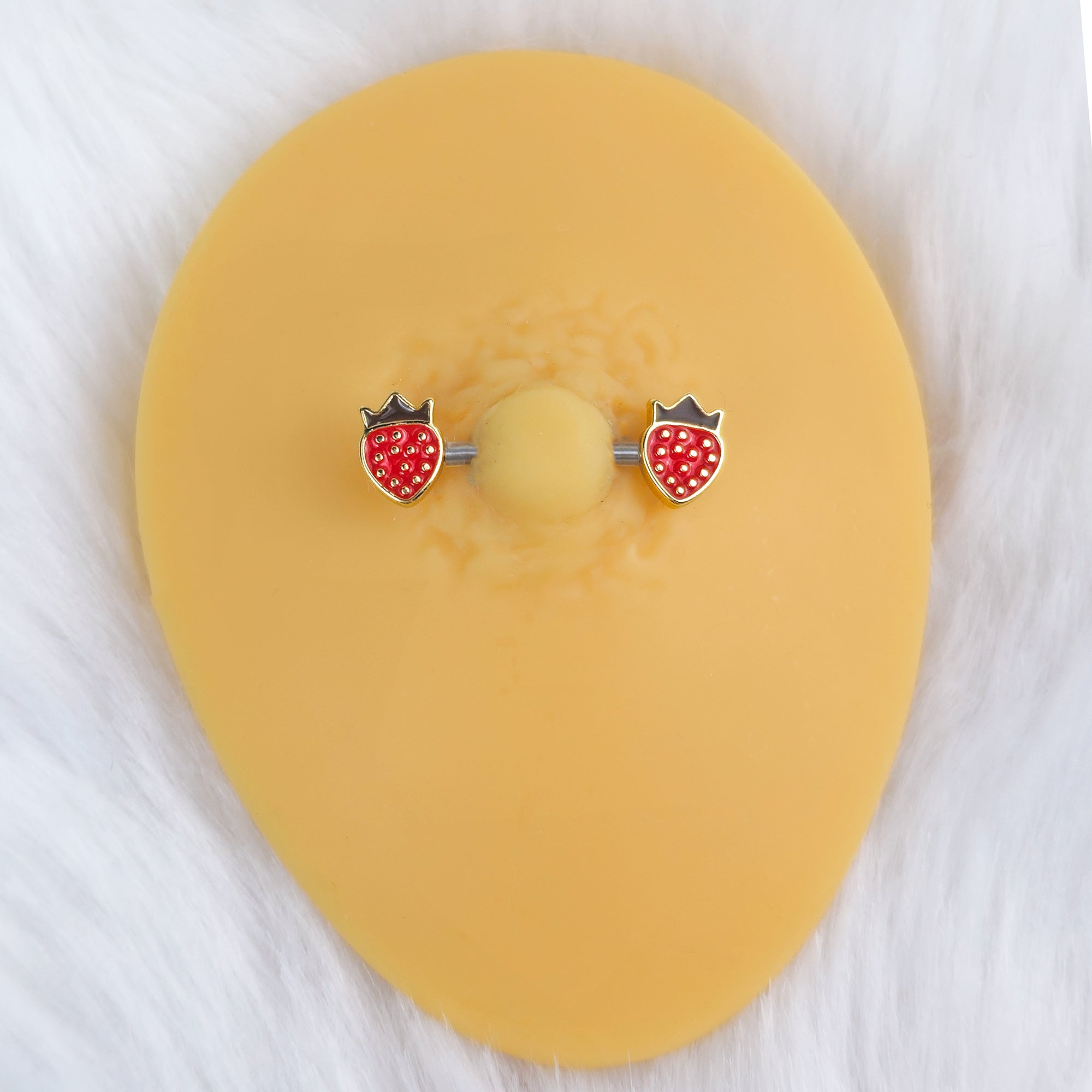 BodyCandy 14G 9/16 Bioplast Delicious Strawberry Barbell Nipple Ring Set — detail close-up
