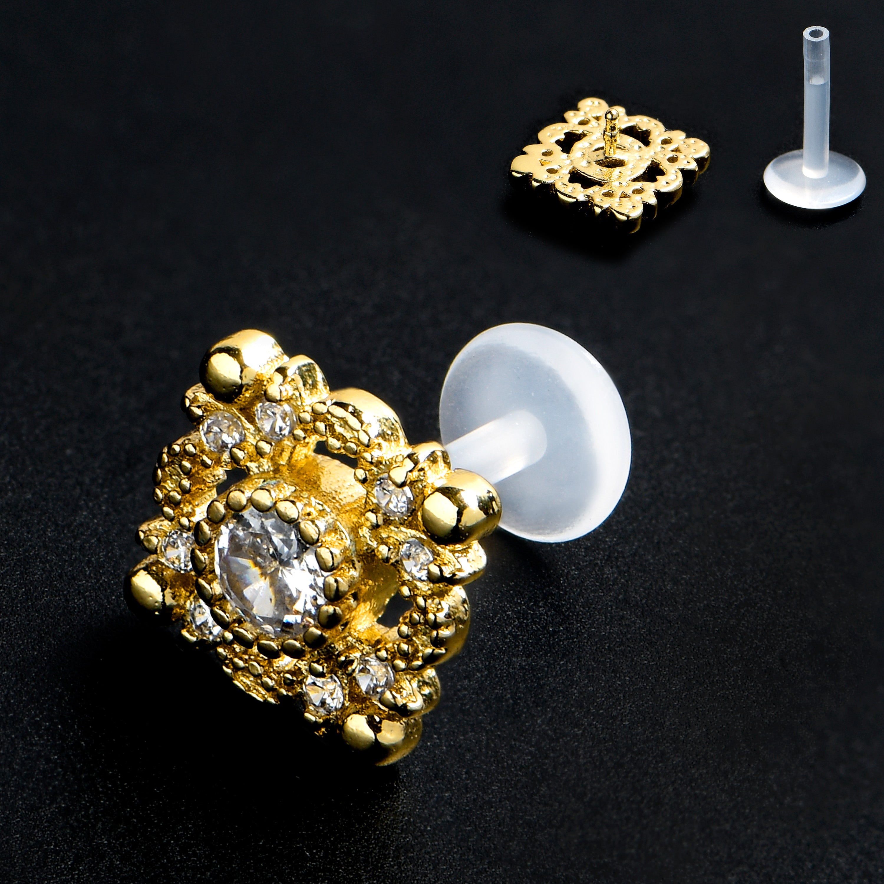 BodyCandy 16G 5/16 Clear Gem Classic Cross PTFE Bioplast Labret Monroe Tragus — main product shot