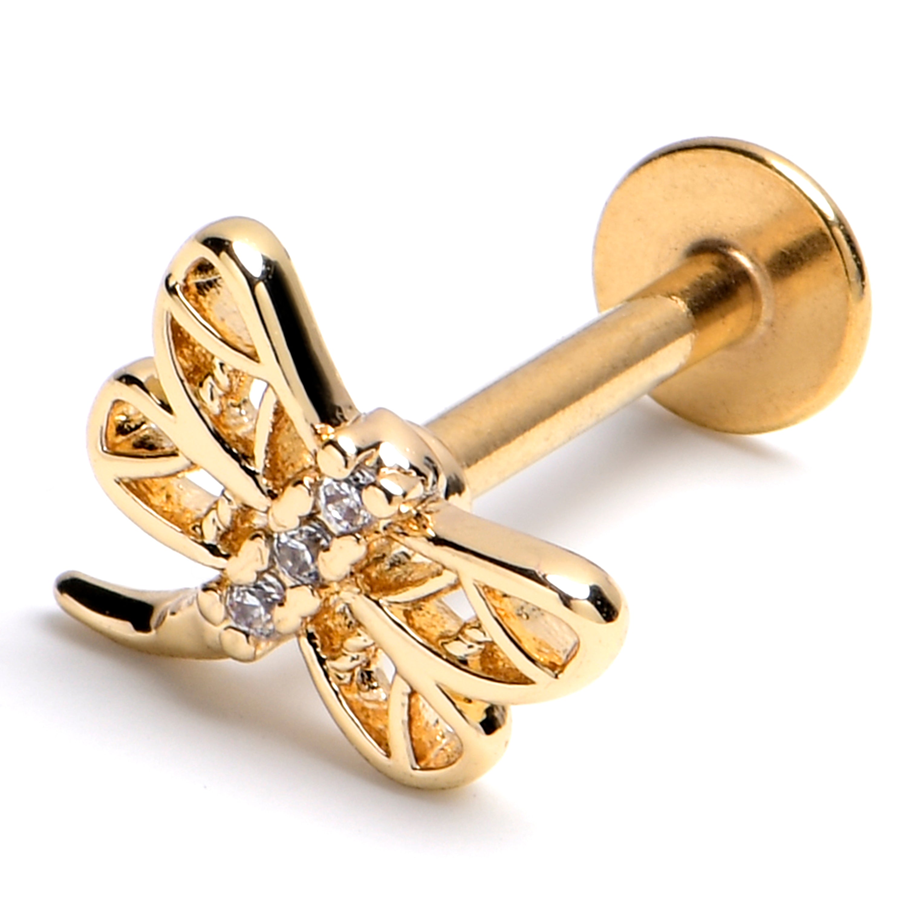 BodyCandy 16G 3/8 Clear Gem Gold Tone Filigree Dragonfly Labret Monroe Tragus — main product shot