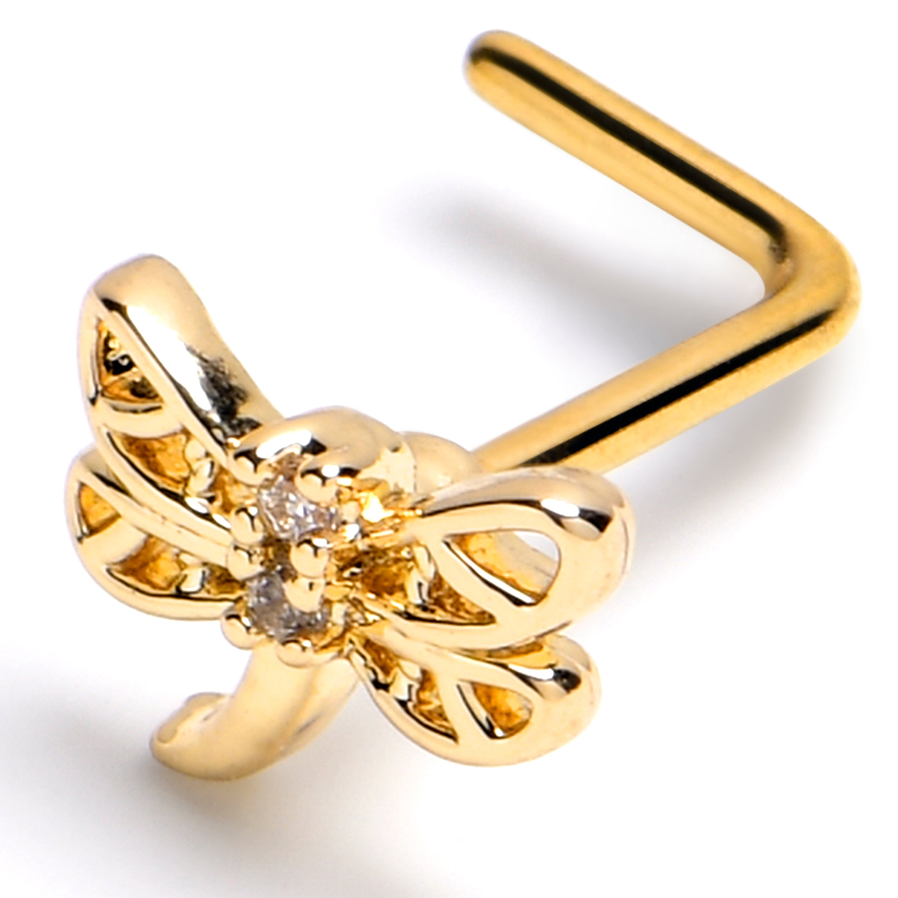 BodyCandy 20G 7mm Clear Gem Gold Tone Filigree Dragonfly L Shape Nose Ring — main product shot