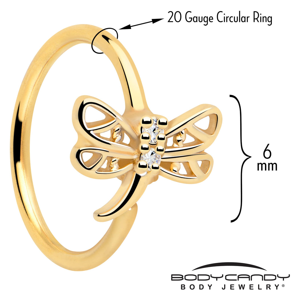 BodyCandy 20G 5/16 Clear Gem Gold Tone Filigree Dragonfly Nose Hoop — detail close-up