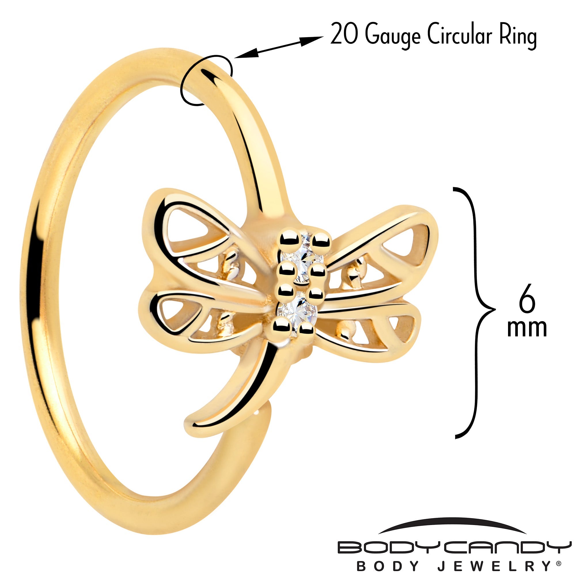 BodyCandy 20G 5/16 Clear Gem Gold Tone Filigree Dragonfly Nose Hoop — detail close-up