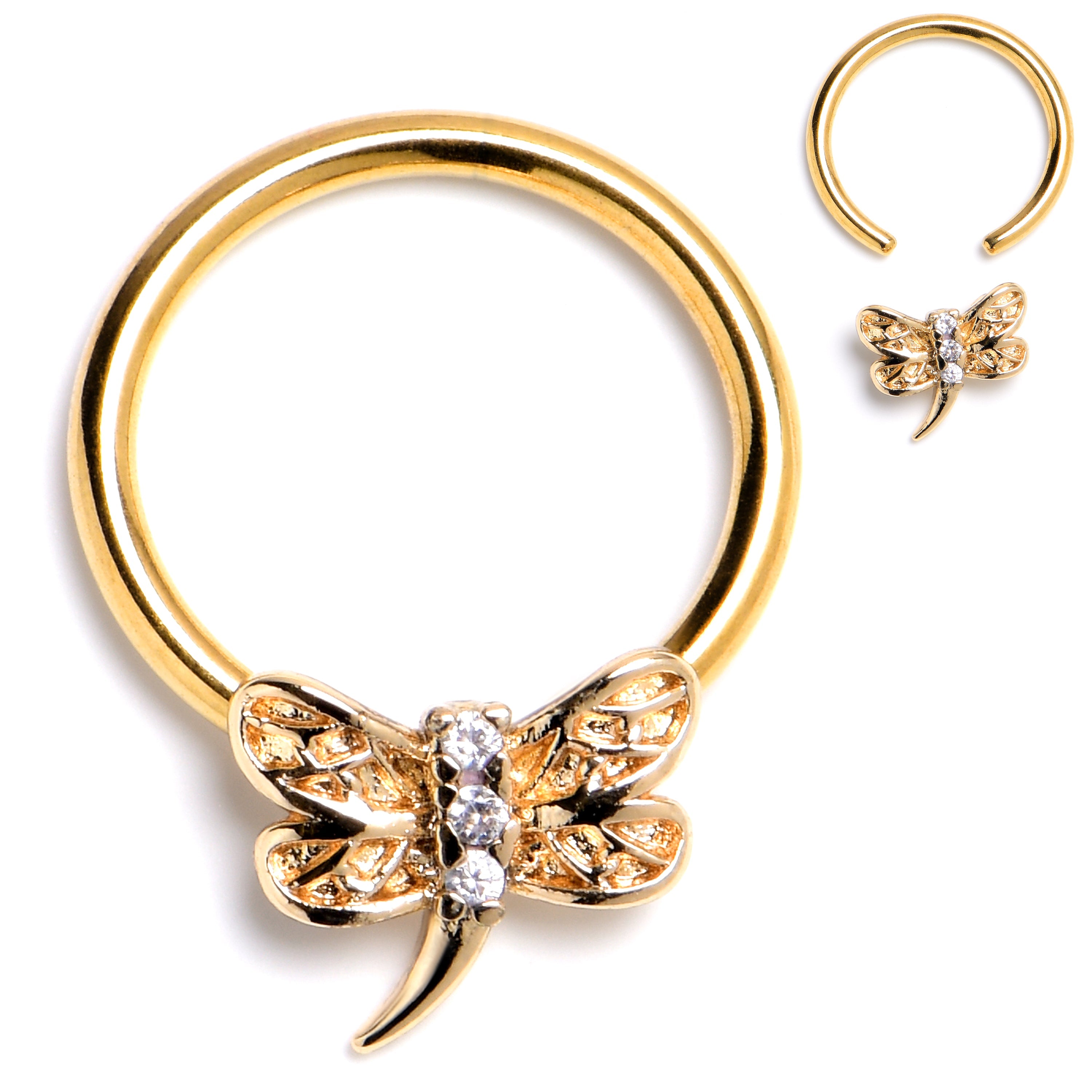 BodyCandy 16G 3/8 Clear Gem Gold Tone Filigree Dragonfly BCR Captive Ring — main product shot