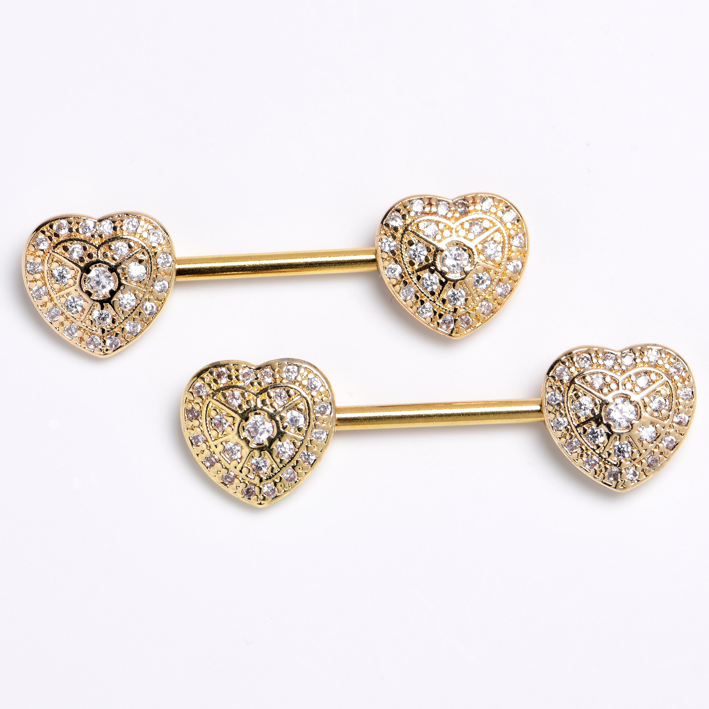 BodyCandy 14G 9/16 Clear CZ Gem Gold Tone Luxe Heart Barbell Nipple Ring Set — main product shot