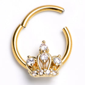 16G 3/8 Clear CZ Gem Gold Tone Epic Crown Hinged Segment Ring