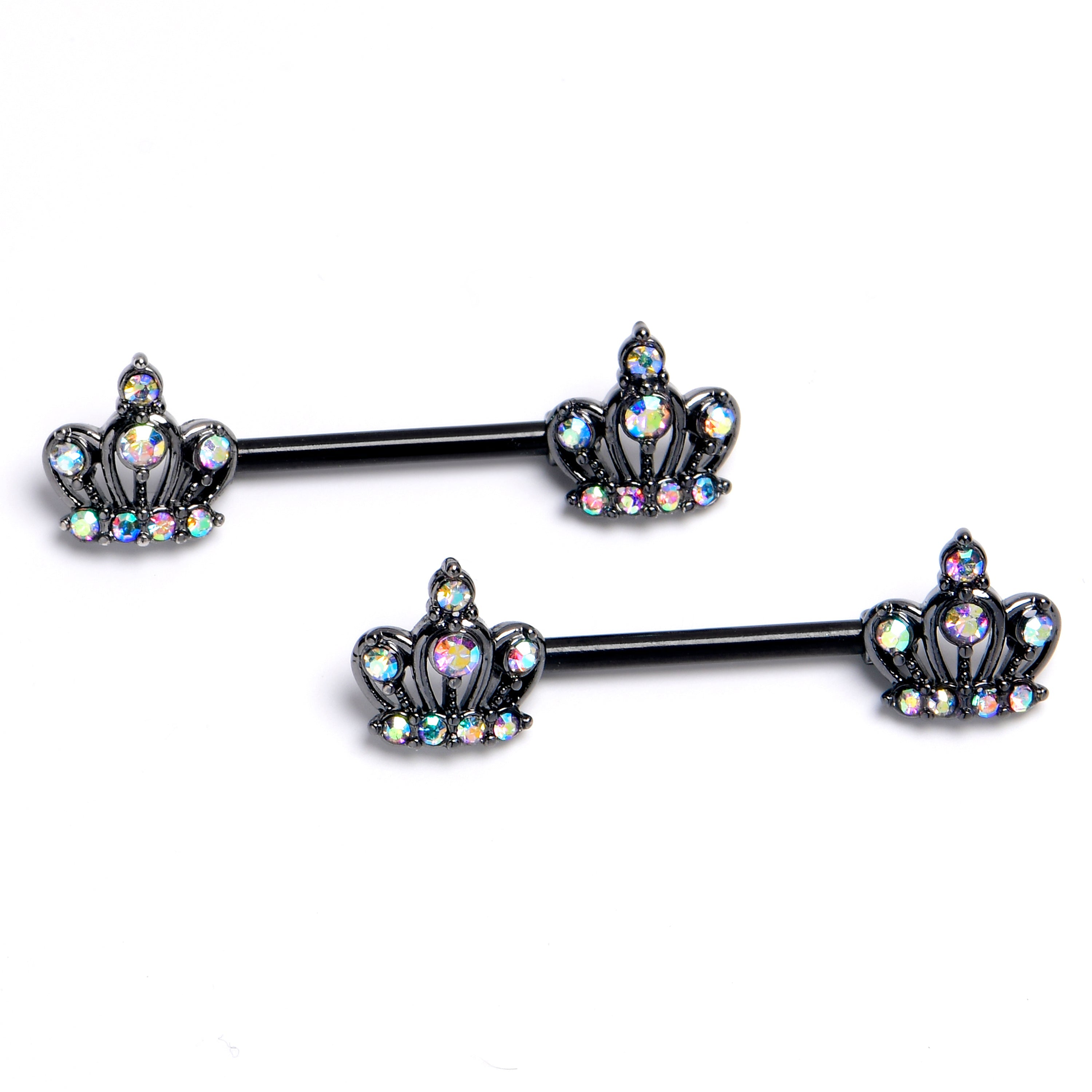 BodyCandy 14G 9/16 Aurora CZ Gem Black Epic Crown Barbell Nipple Ring Set — main product shot