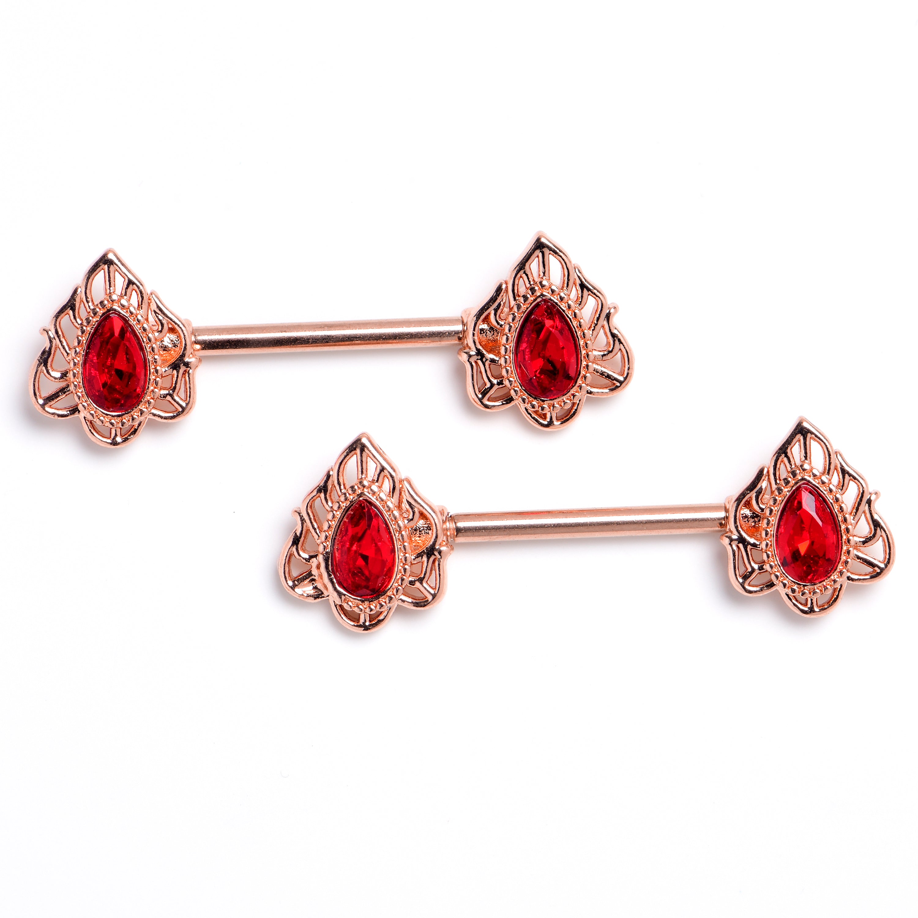 BodyCandy 14G 9/16 Red Gem Rose Gold Tone Firey Flame Barbell Nipple Ring Set — main product shot