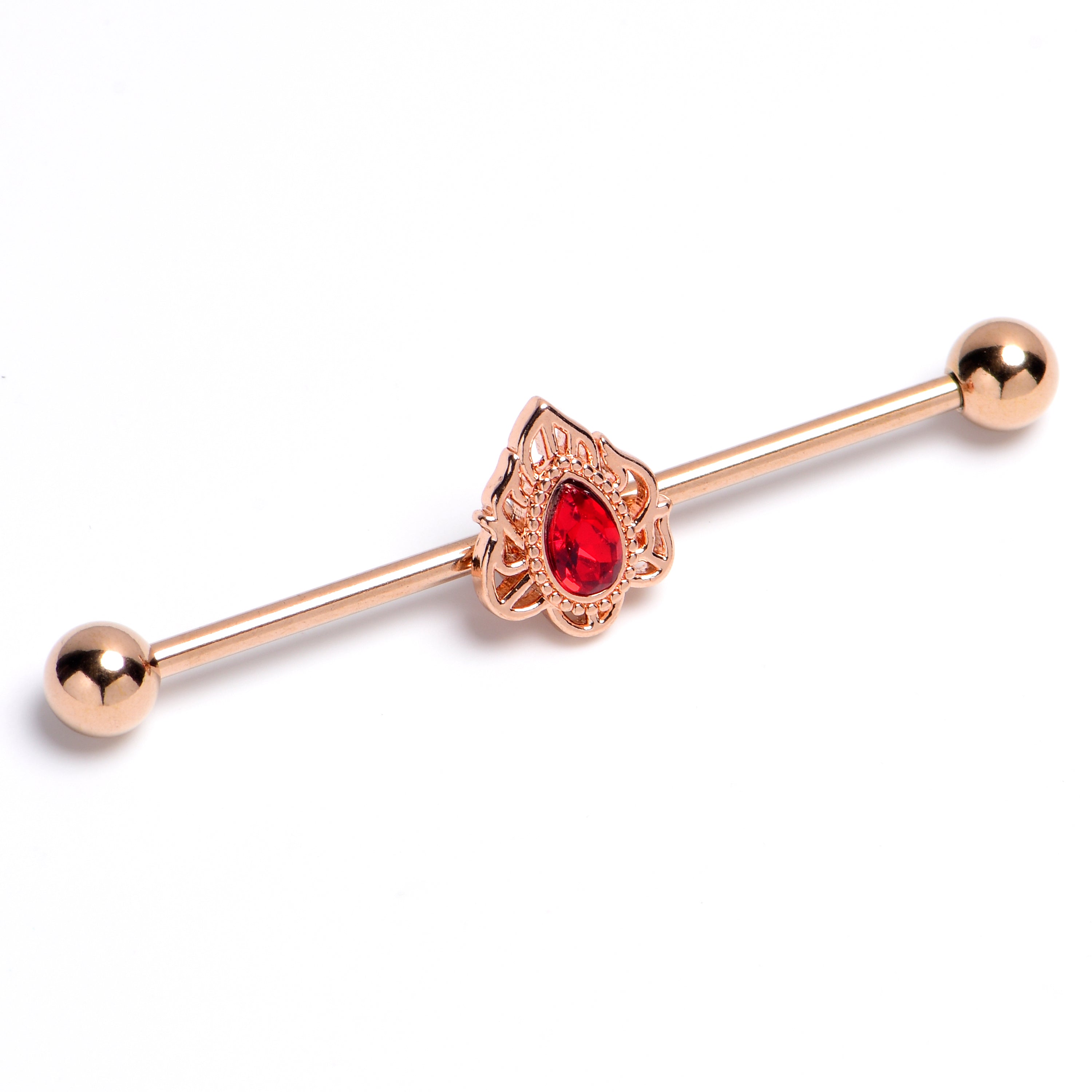 BodyCandy 14G Red Gem Rose Gold Tone Firey Flame Industrial Barbell 38mm — main product shot