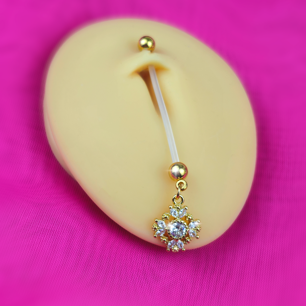 BodyCandy Clear Gem Bioplast Golden Glamour Dangle PTFE Pregnancy Belly Ring — detail close-up