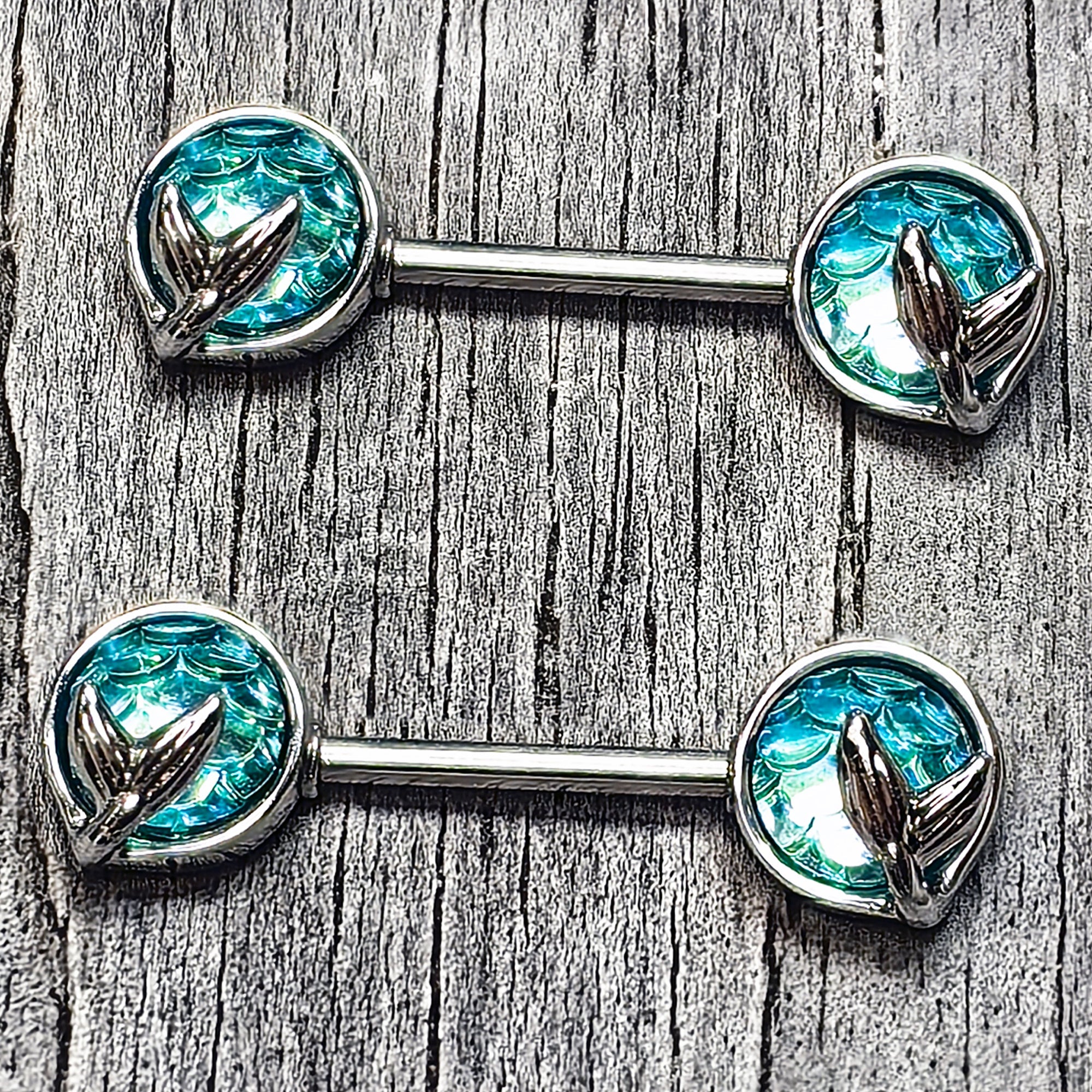 BodyCandy 14G 9/16 Mermaid Blue Scale Tail Barbell Nipple Ring Set — main product shot