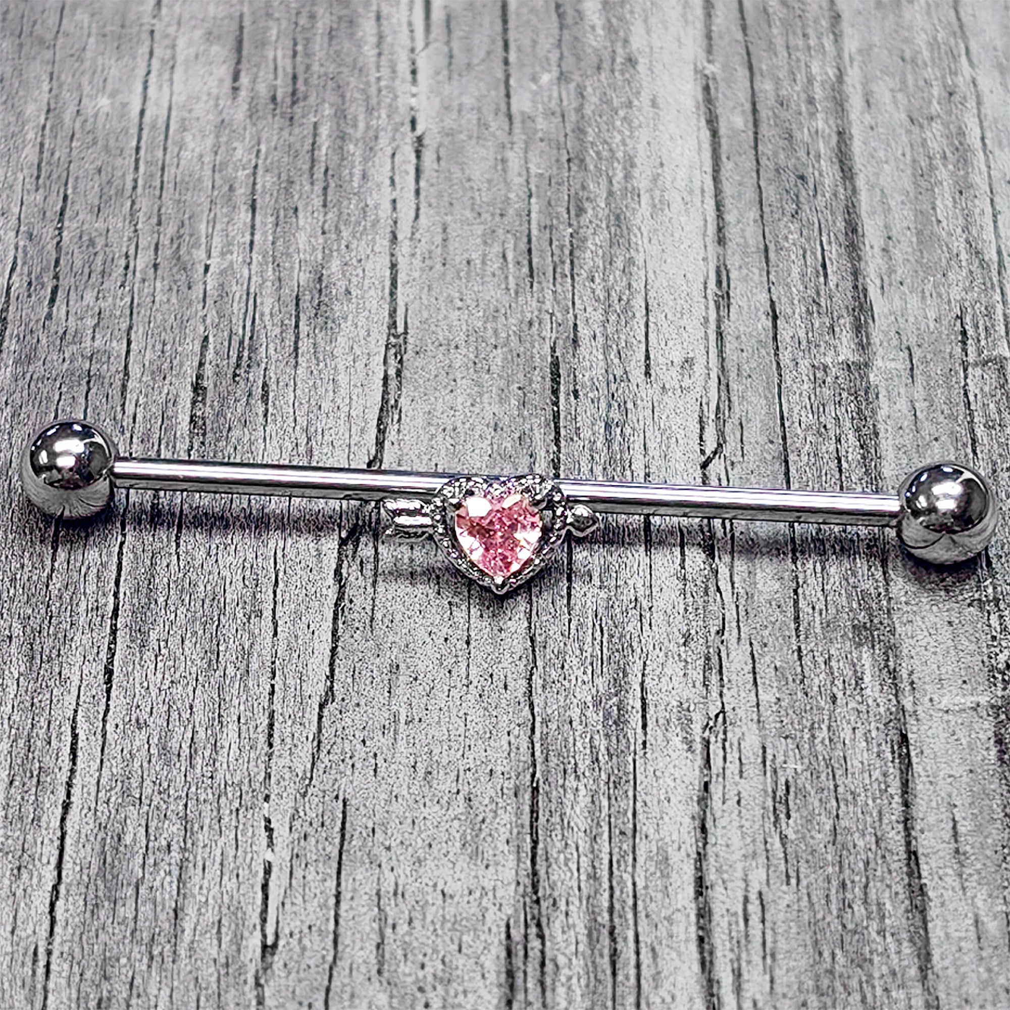 BodyCandy 14G Pink Clear CZ Gem Fusion Of Love Heart Industrial Barbell 38mm — main product shot