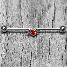 14G Red CZ Gem Fusion Of Love Heart Arrow Industrial Barbell 38mm