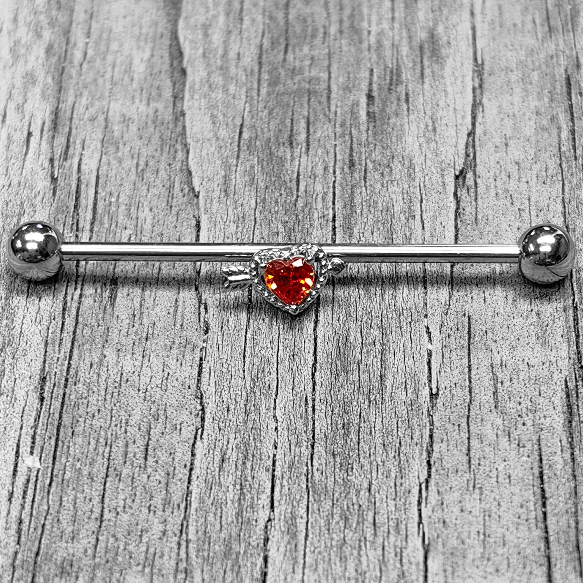 BodyCandy 14G Red CZ Gem Fusion Of Love Heart Arrow Industrial Barbell 38mm — main product shot