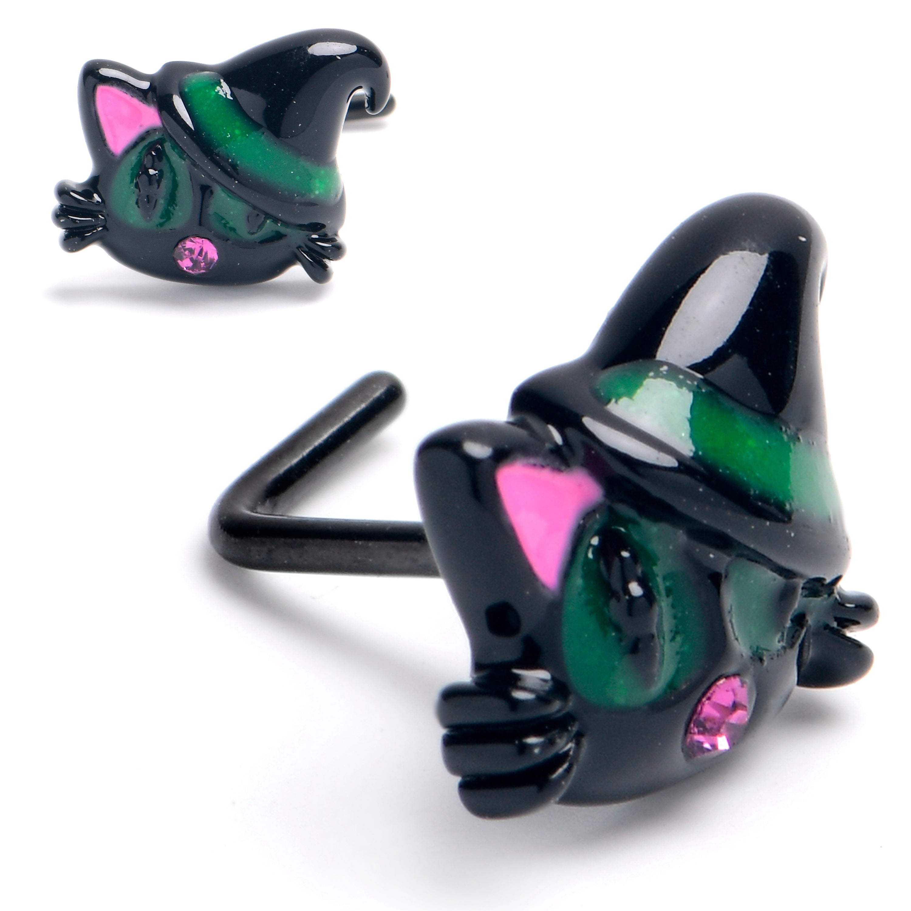 BodyCandy 20G 1/4 Pink Gem Black Halloween Hat Cat L Shape Nose Ring — main product shot