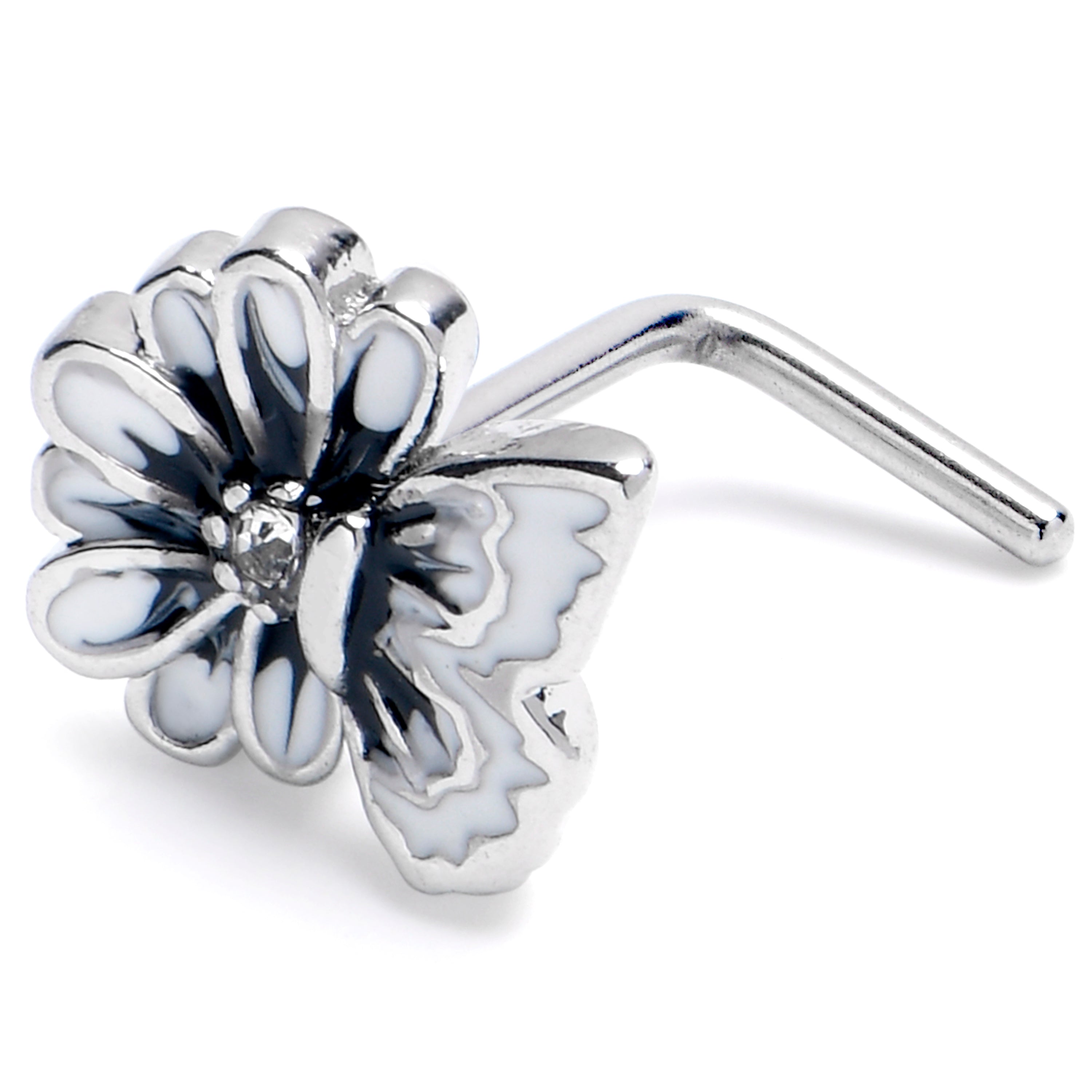 BodyCandy 20G 1/4 Clear CZ Gem Butterfly Blossom White L Shape Nose Ring — alternative angle