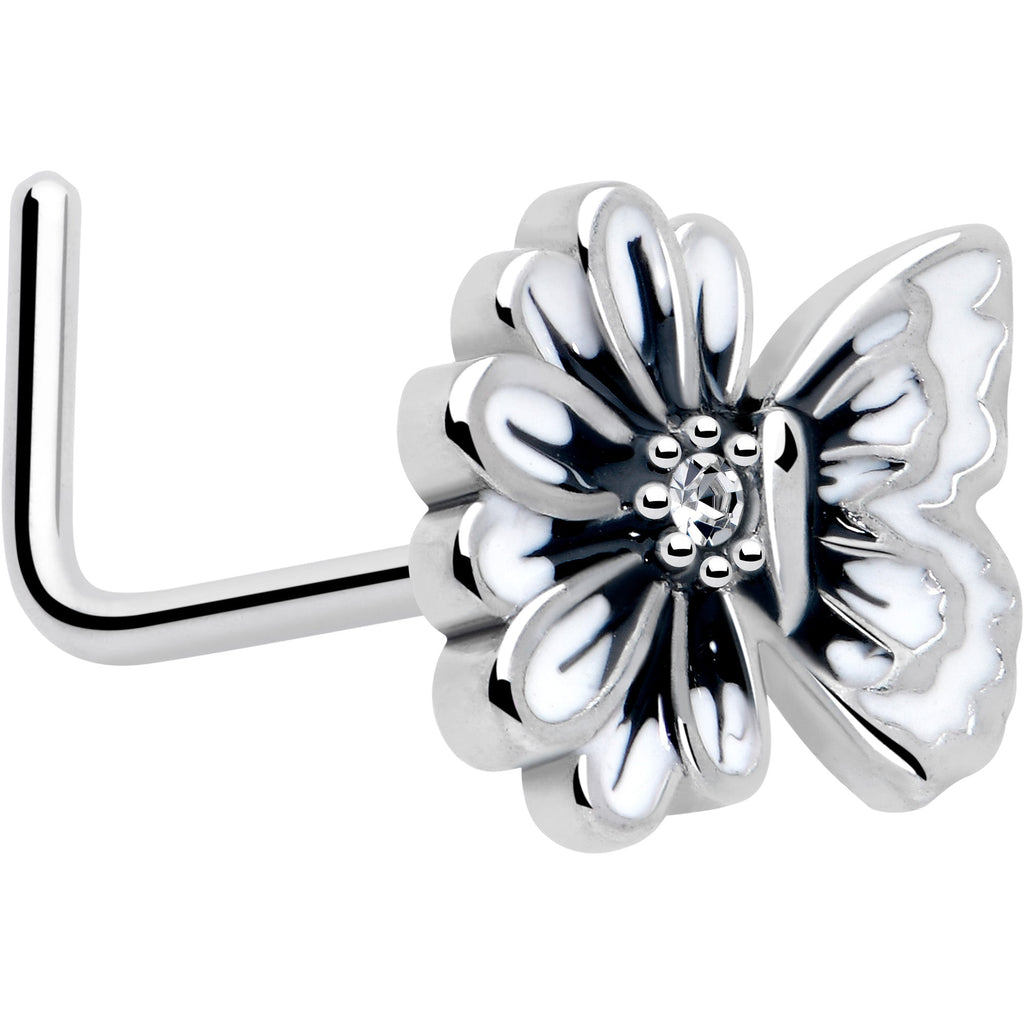 BodyCandy 20G 1/4 Clear CZ Gem Butterfly Blossom White L Shape Nose Ring — main product shot