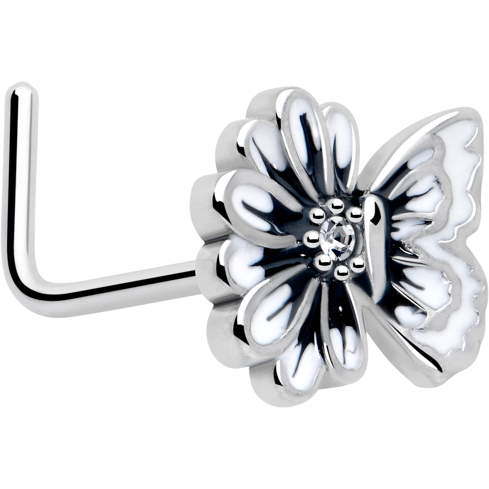 BodyCandy 20G 1/4 Clear CZ Gem Butterfly Blossom White L Shape Nose Ring — main product shot