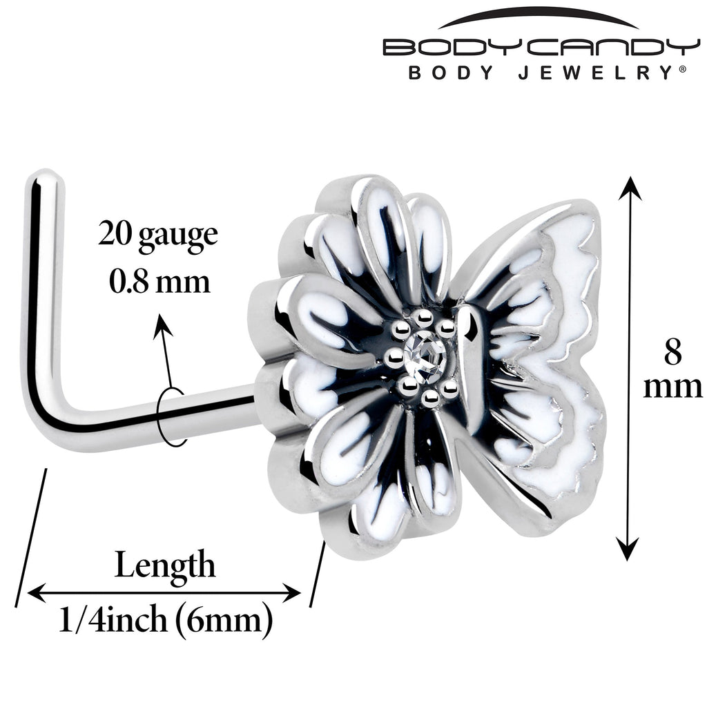 BodyCandy 20G 1/4 Clear CZ Gem Butterfly Blossom White L Shape Nose Ring — detail close-up