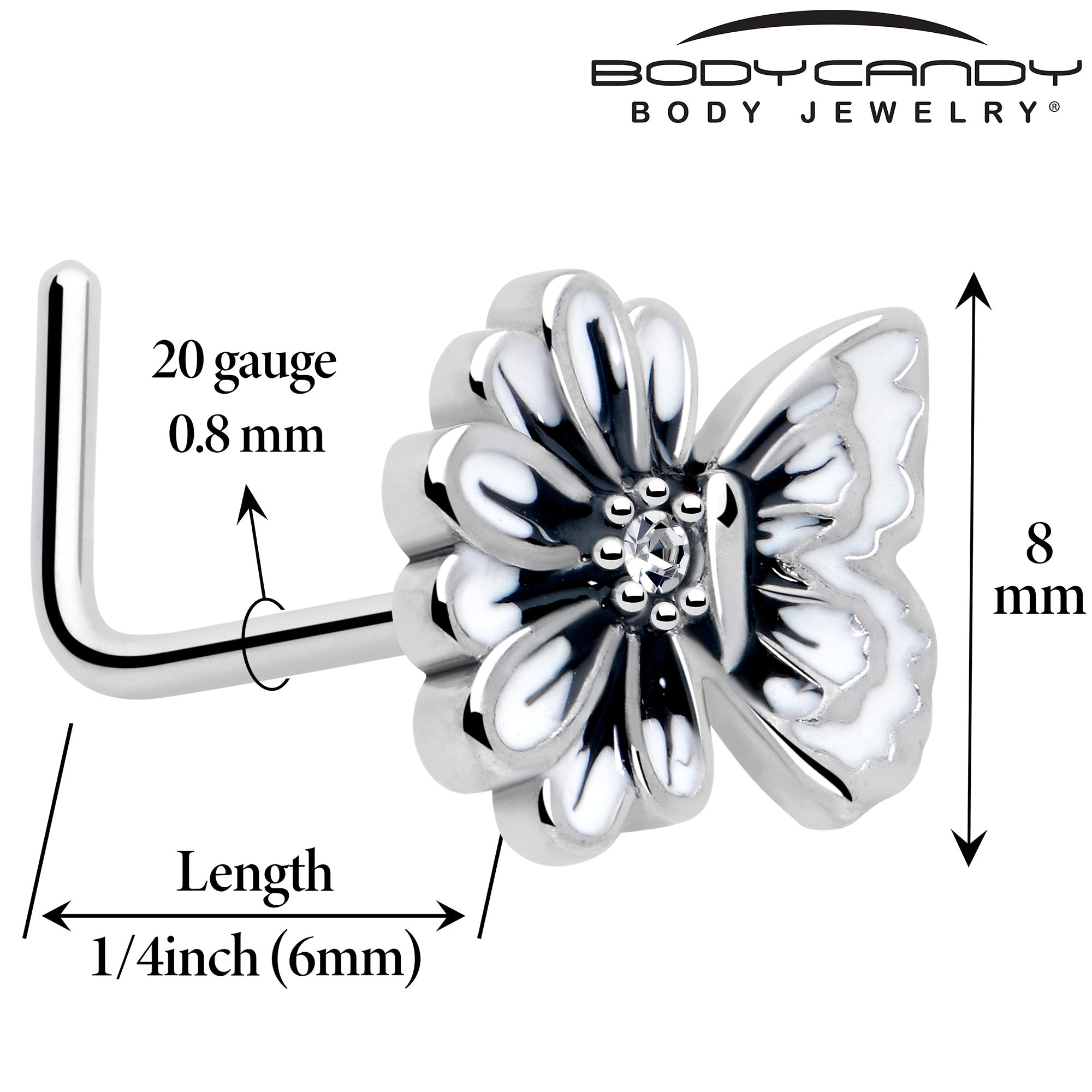 BodyCandy 20G 1/4 Clear CZ Gem Butterfly Blossom White L Shape Nose Ring — detail close-up