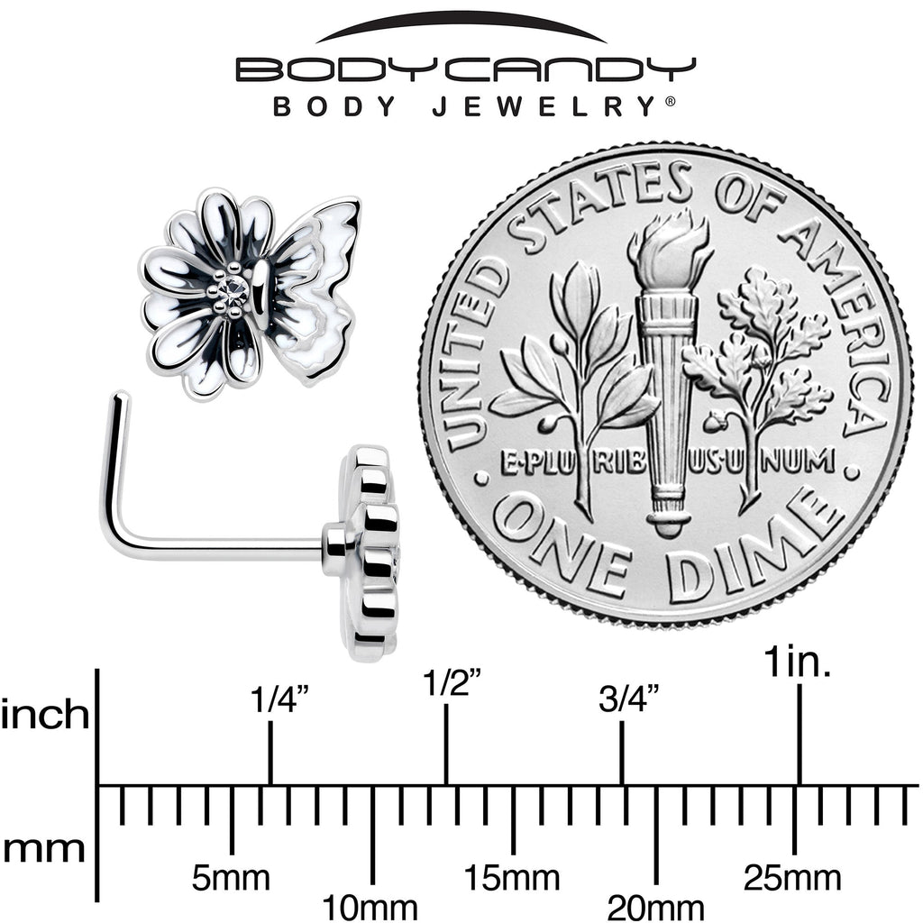 BodyCandy 20G 1/4 Clear CZ Gem Butterfly Blossom White L Shape Nose Ring — back view