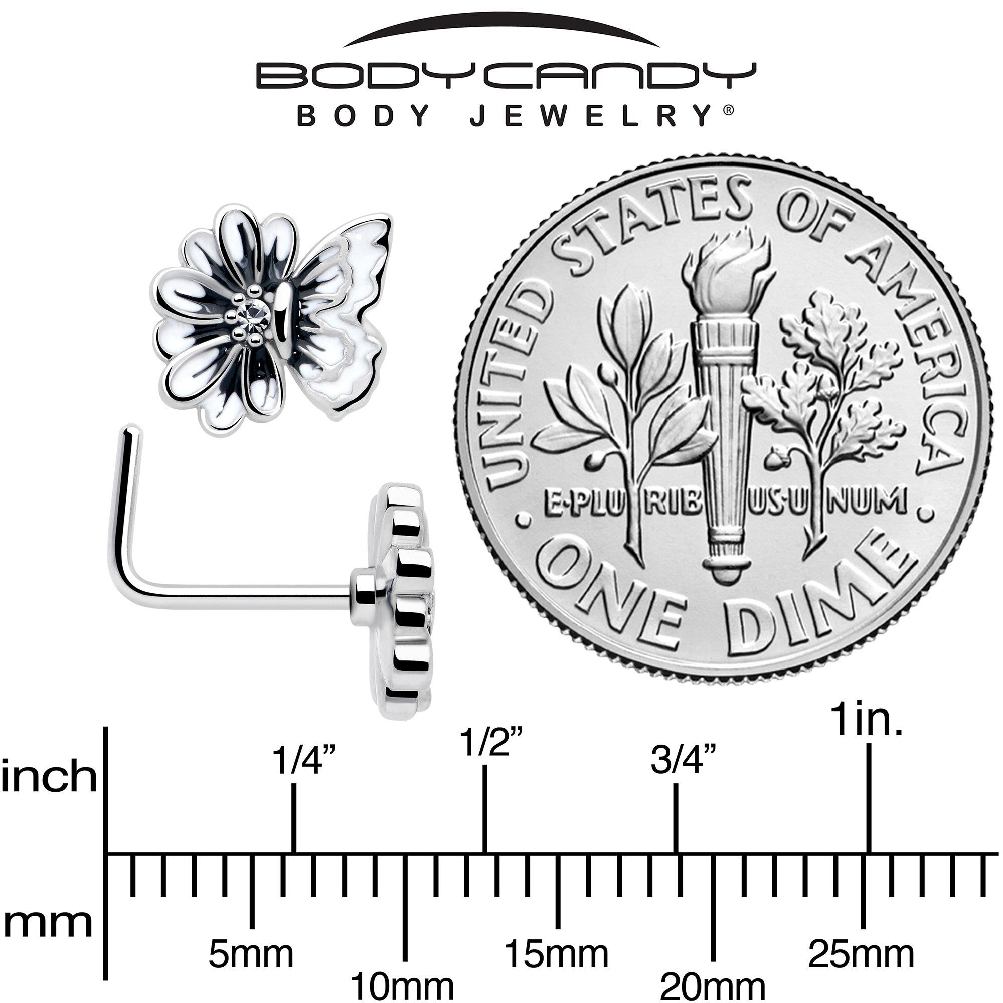 BodyCandy 20G 1/4 Clear CZ Gem Butterfly Blossom White L Shape Nose Ring — back view