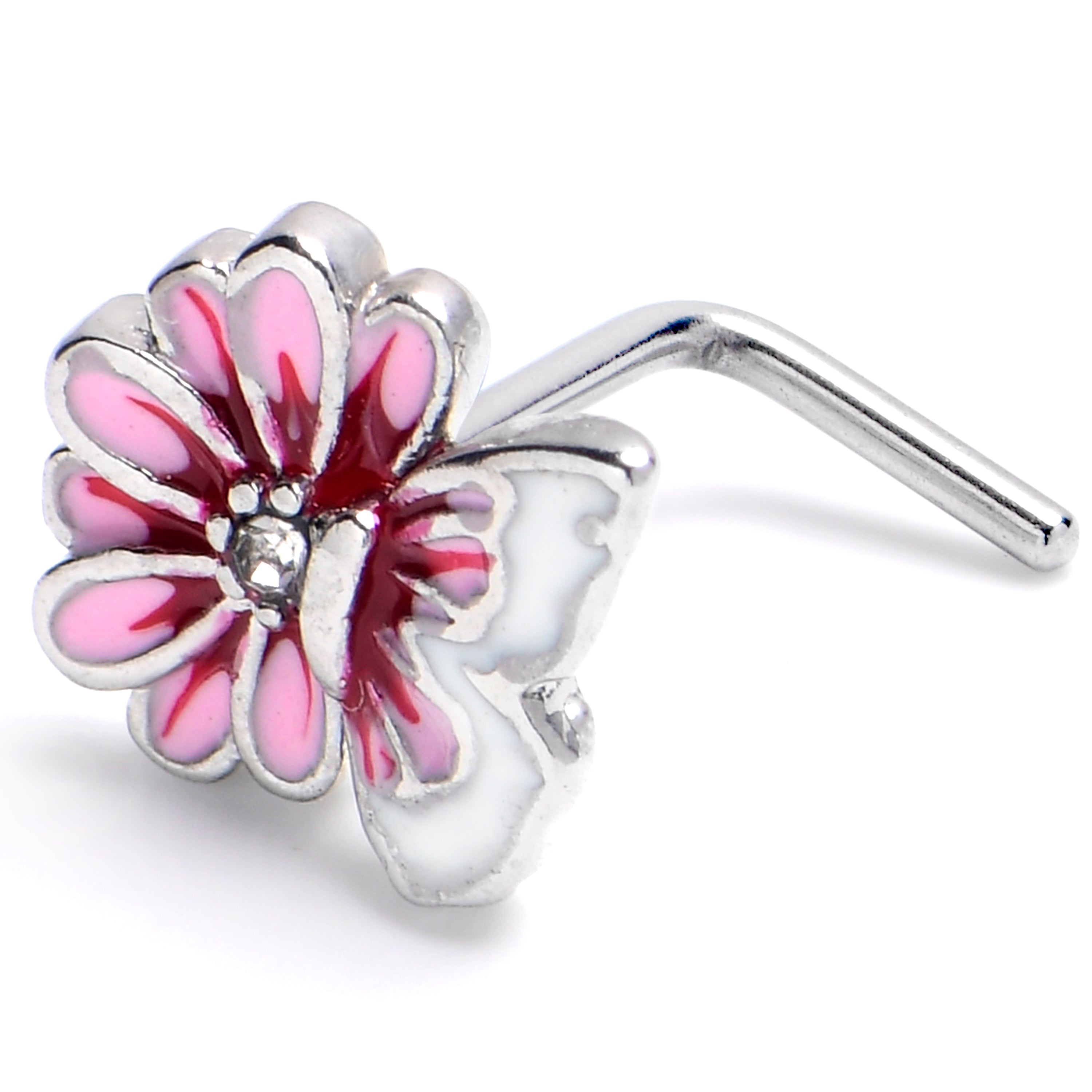 BodyCandy 20G 1/4 Clear CZ Gem Butterfly Blossom Pink L Shape Nose Ring — main product shot