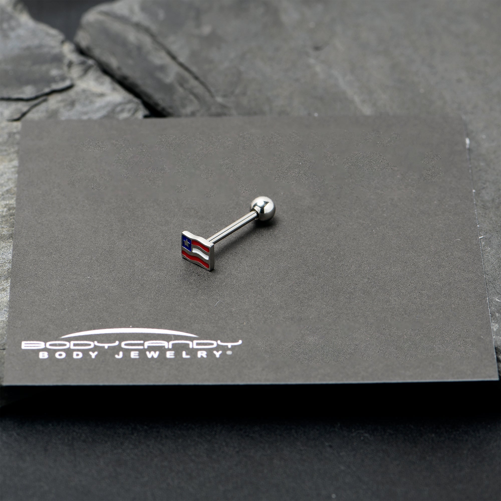 BodyCandy Patriotic Flag Barbell Tongue Ring — in-use photo