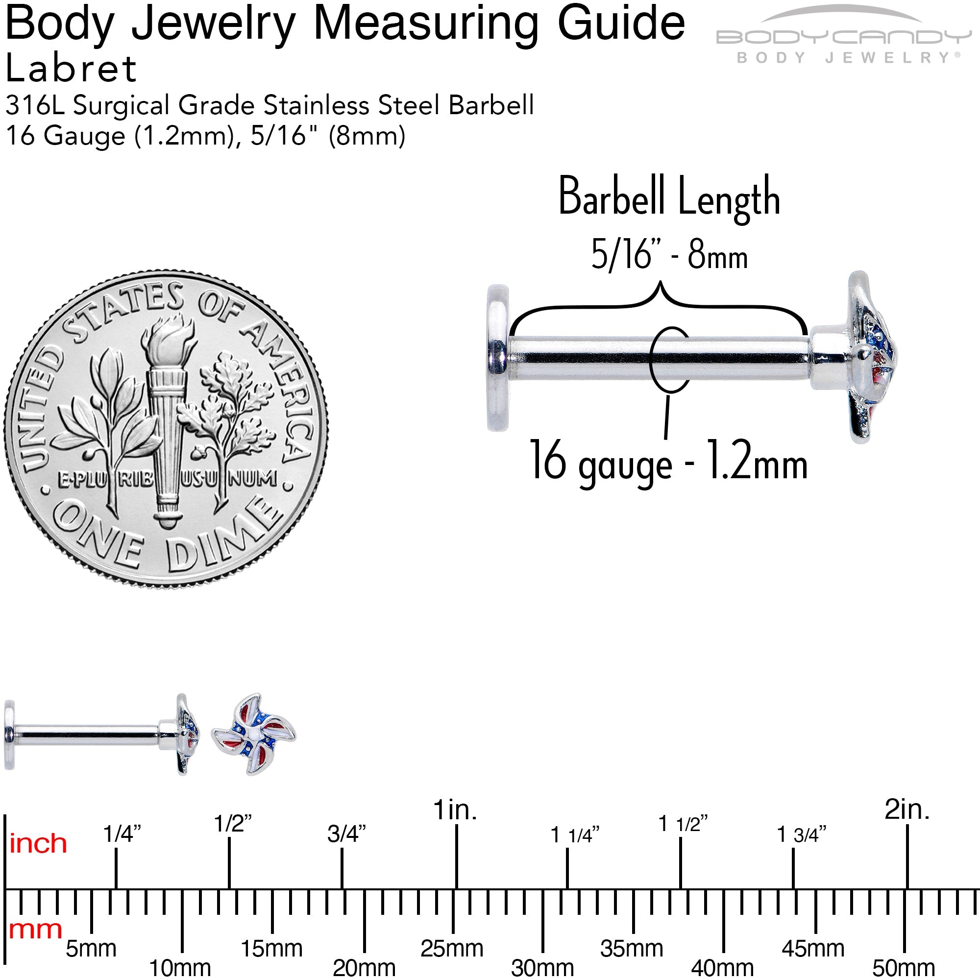 BodyCandy 16G 5/16 Patriotic Pinwheel Labret Monroe Tragus — back view