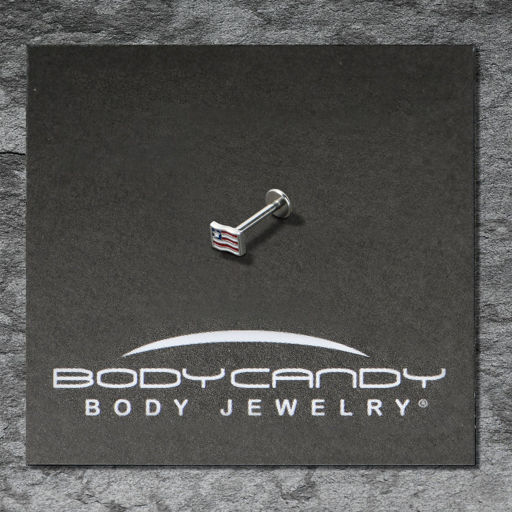 BodyCandy 16G 5/16 Patriotic Flag Labret Monroe Tragus — in-use photo
