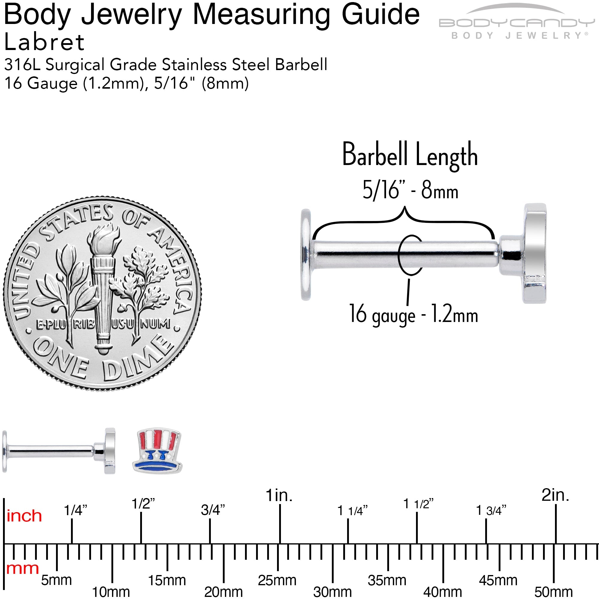 BodyCandy 16G 5/16 Patriotic Uncle Sam Top Hat Labret Monroe Tragus — side view