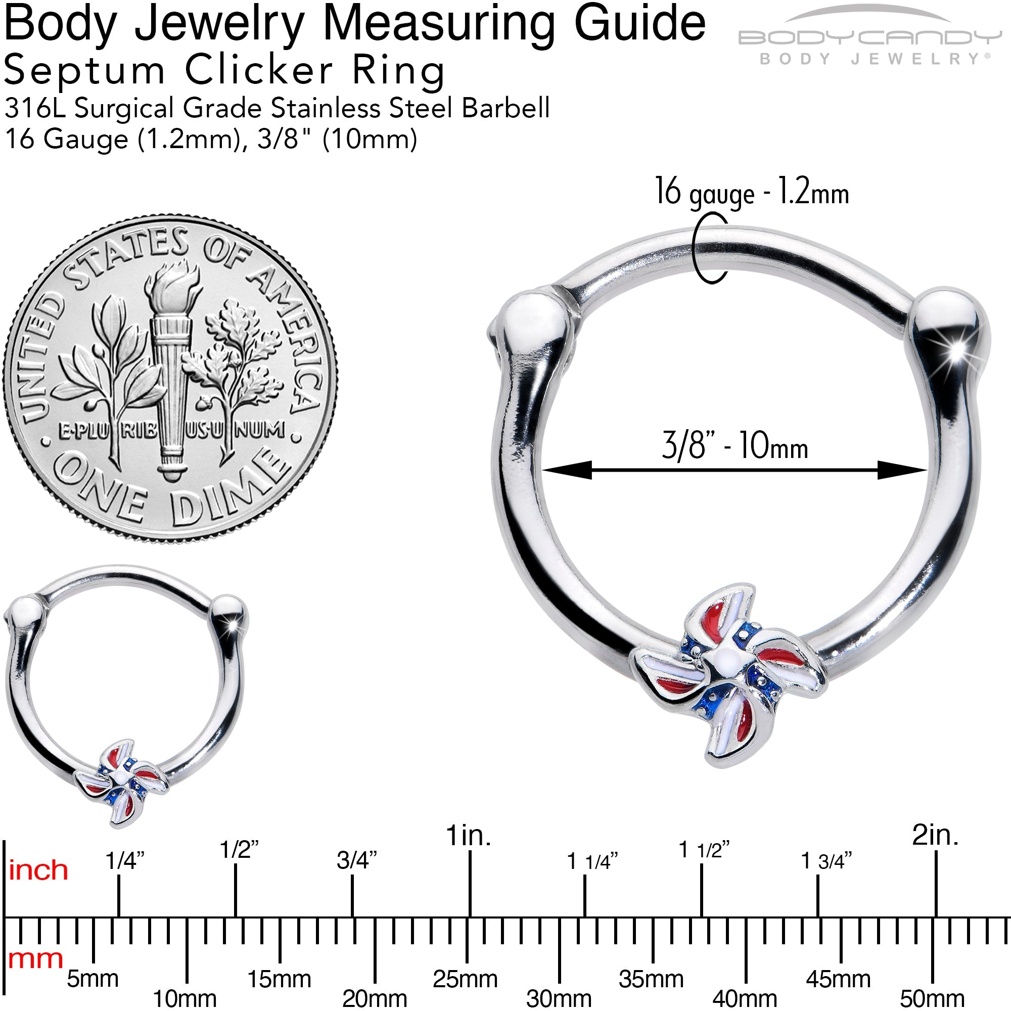 BodyCandy 16G 3/8 Patriotic Pinwheel Cartilage Clicker — back view