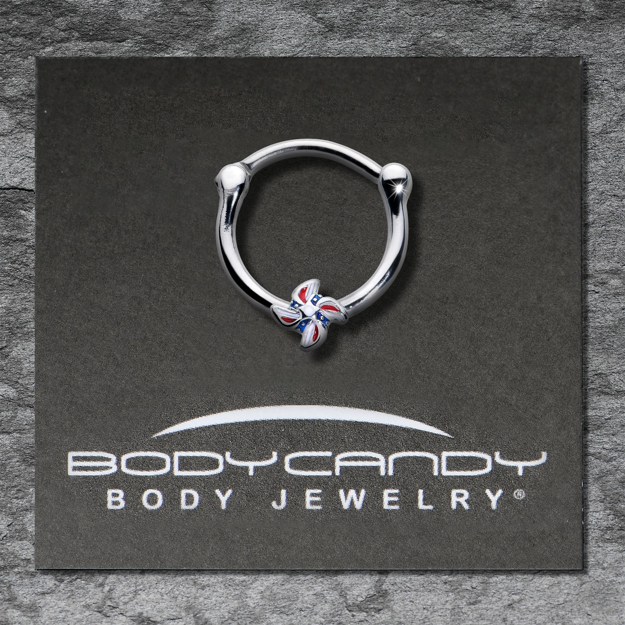 BodyCandy 16G 3/8 Patriotic Pinwheel Cartilage Clicker — in-use photo