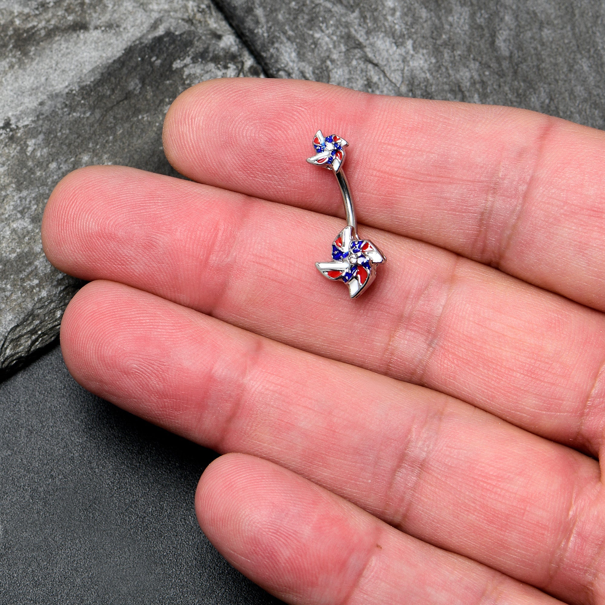 BodyCandy Patriotic Pinwheel Double Mount Belly Ring — detail close-up
