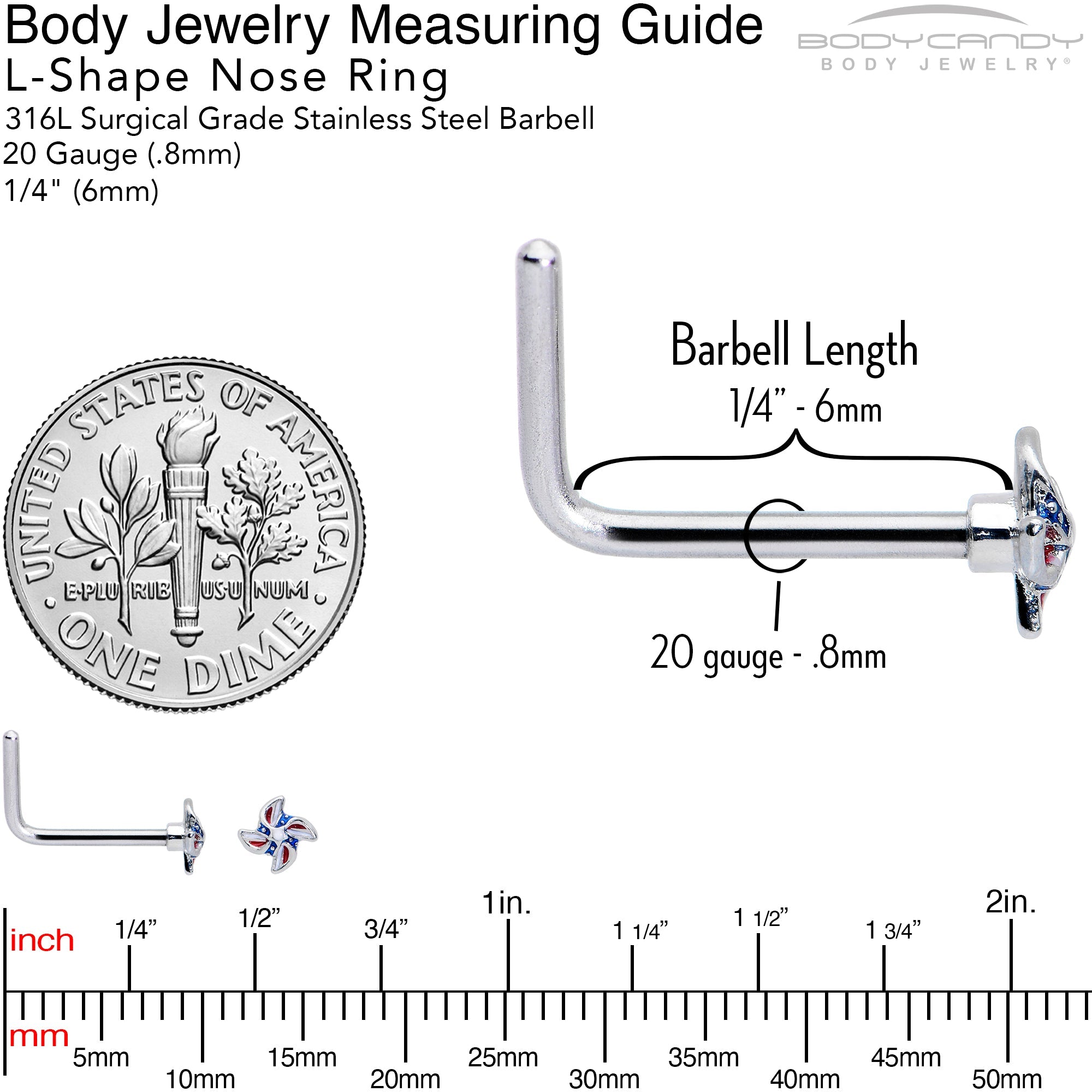 BodyCandy 20G 7mm Patriotic Pinwheel L Shape Nose Ring — back view